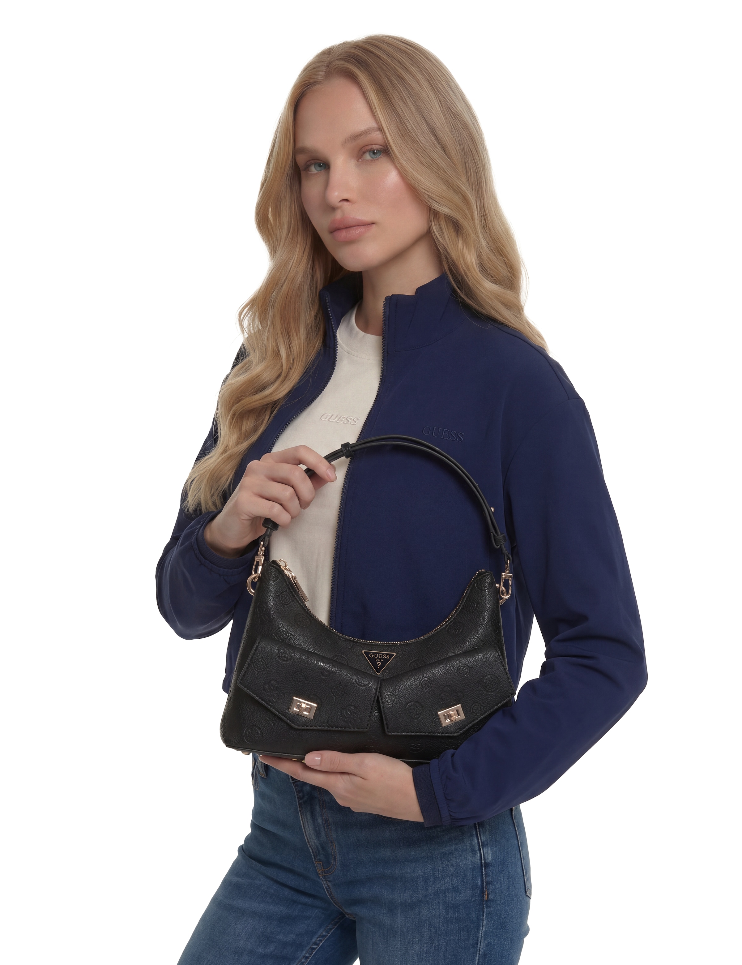 Guess Schultertasche »BLAKE CNVRTBL SHOULDER BAG« Damen Henkeltasche, Umhängetasche mit Frontfächern