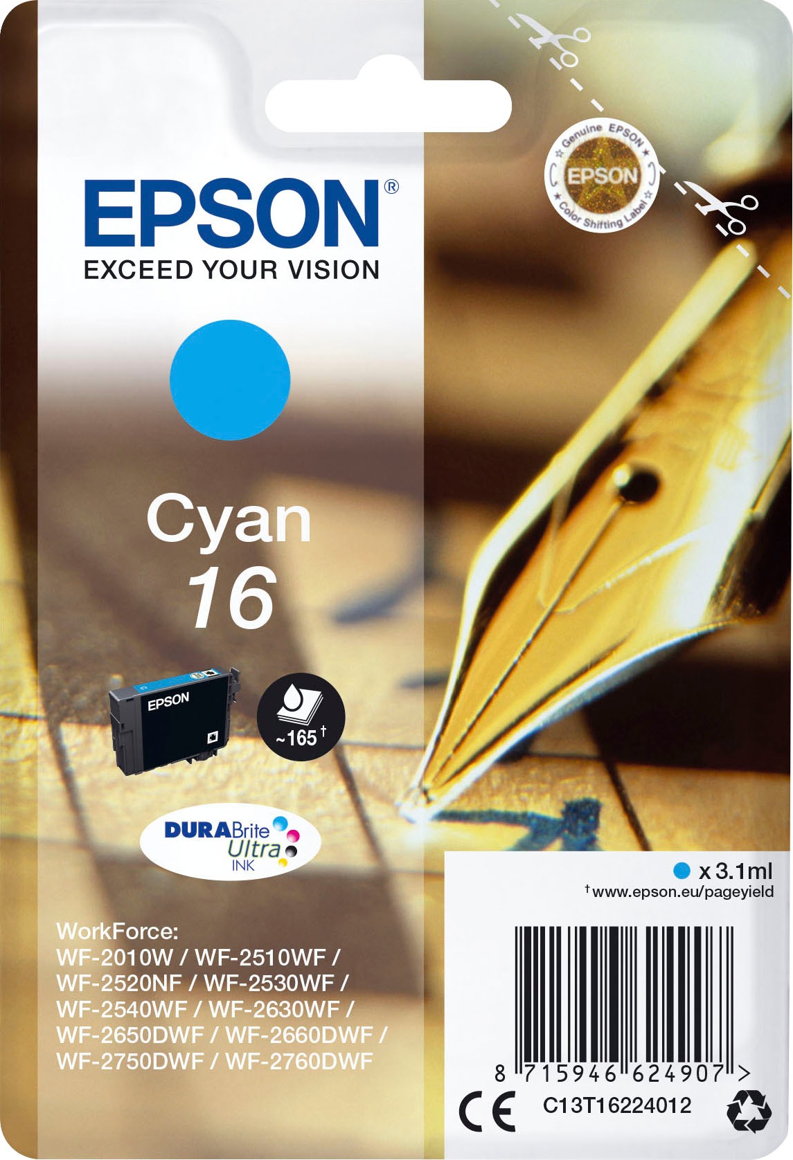Epson Tintenpatrone »T1622, 16 (C13T16224012)«, original Druckerpatrone 16 cyan