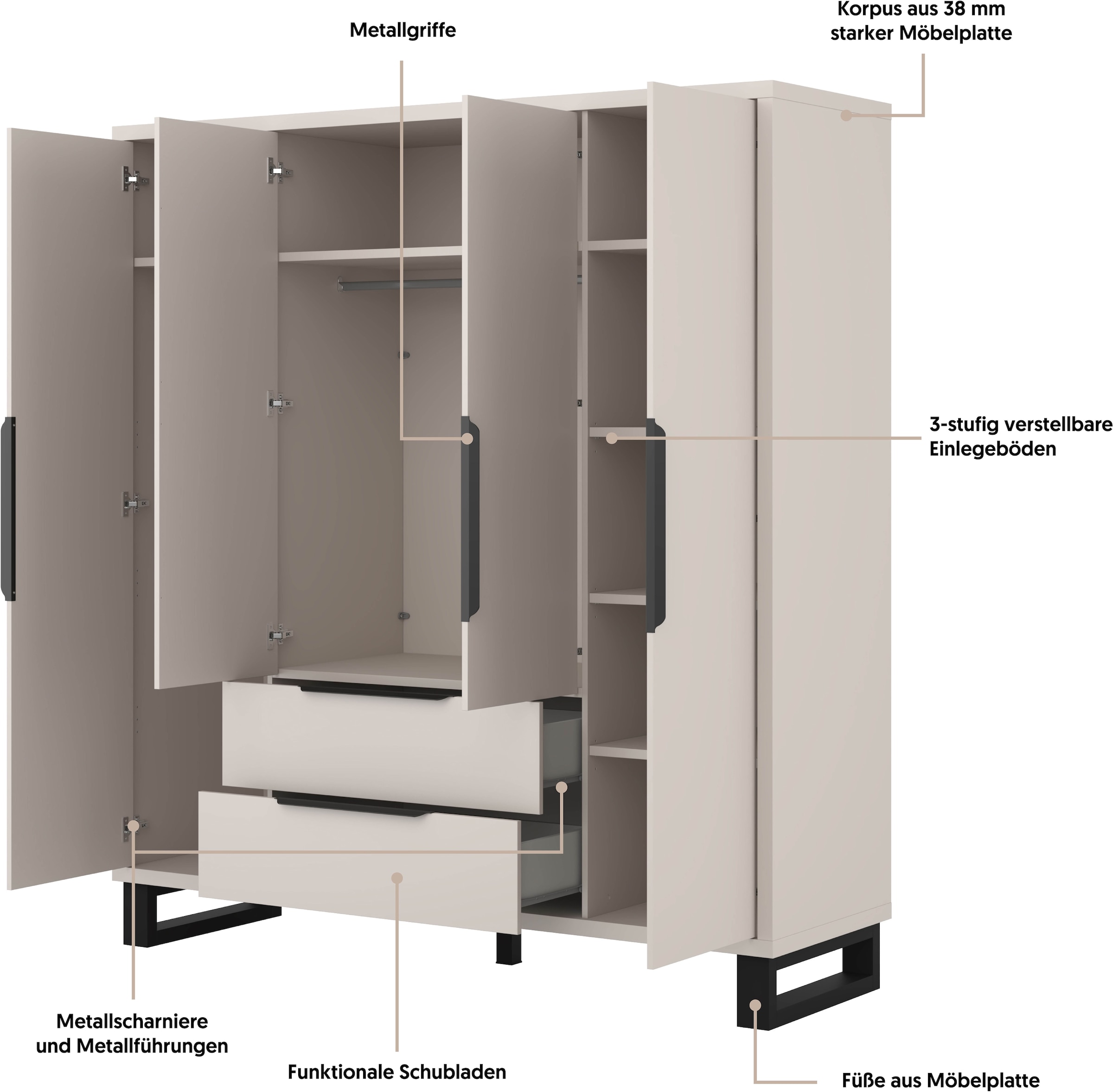 Home affaire Drehtürenschrank »Bronne,Breite 191 cm, Kleiderschrank inclusive Innenausstattung« Kleiderschrank, 2 Schubkästen, Metallgriffe, Garderobe