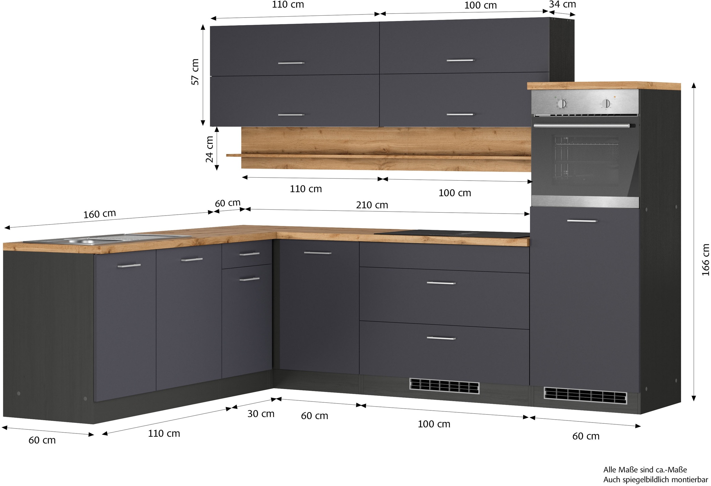 KOCHSTATION Winkelküche »KS-Milan«, Stellbr.270/220 cm, wahlweise mit E-Geräten, Kochfeld mit Dunstabzug