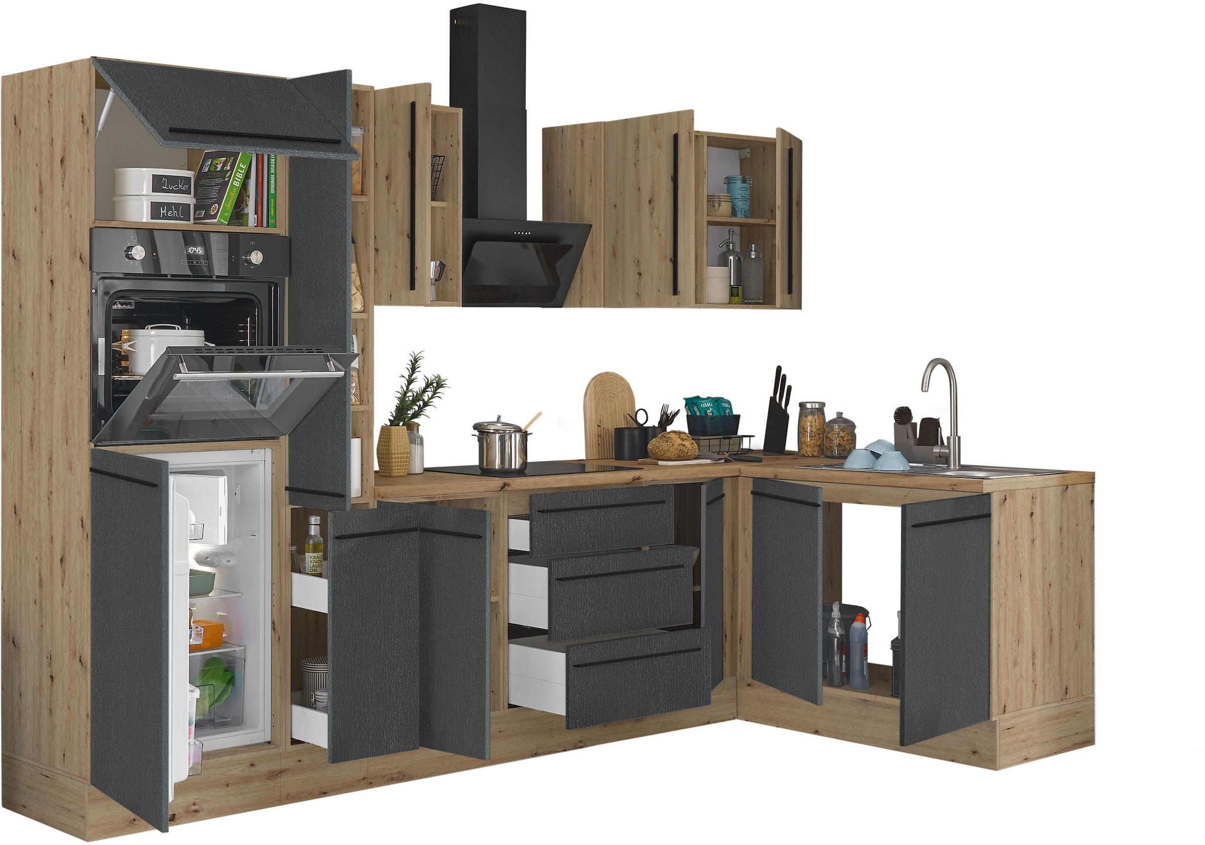 KOCHSTATION Winkelküche »Florida, Stellbreite 300x165 cm« wahlweise mit E-Geräten, mit Softclose für Türen und Schubkästen