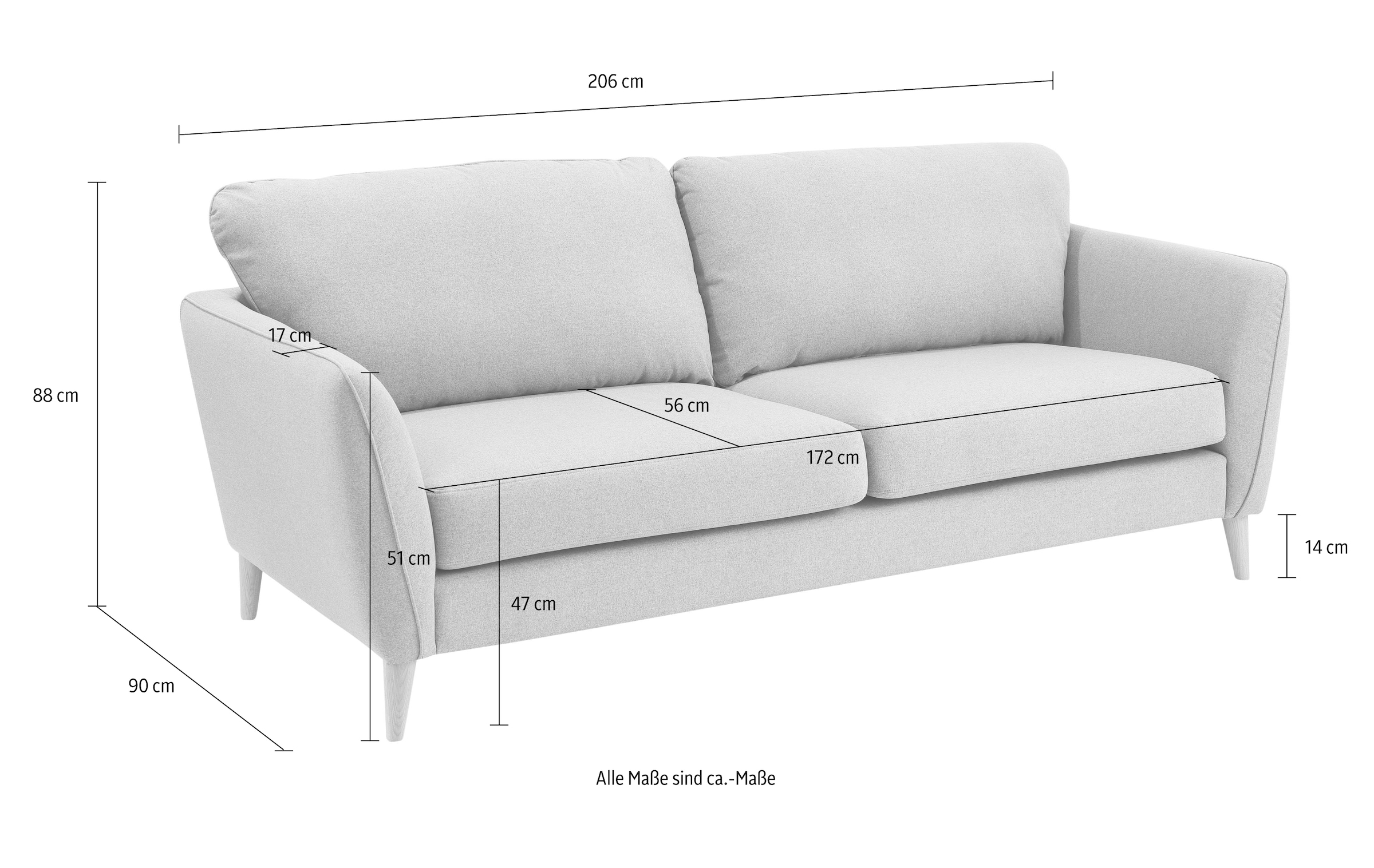 Home affaire 3-Sitzer »MARSEILLE Sofa 206 cm«, mit Massivholzbeinen aus Eiche, verschiedene Bezüge und Farbvarianten