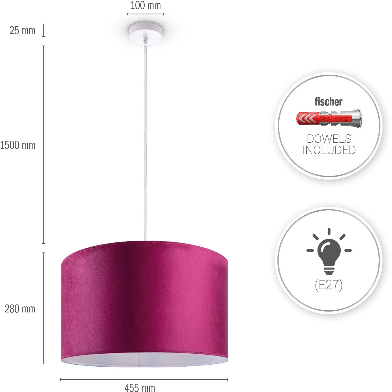 Paco Home Pendelleuchte »Hugo uni Color«, Leuchtmittel E27 | ohne Leuchtmittel, Wohnzimmer Lampenschirm aus Velour Unifarben Deko E27 Kabel 1,5m