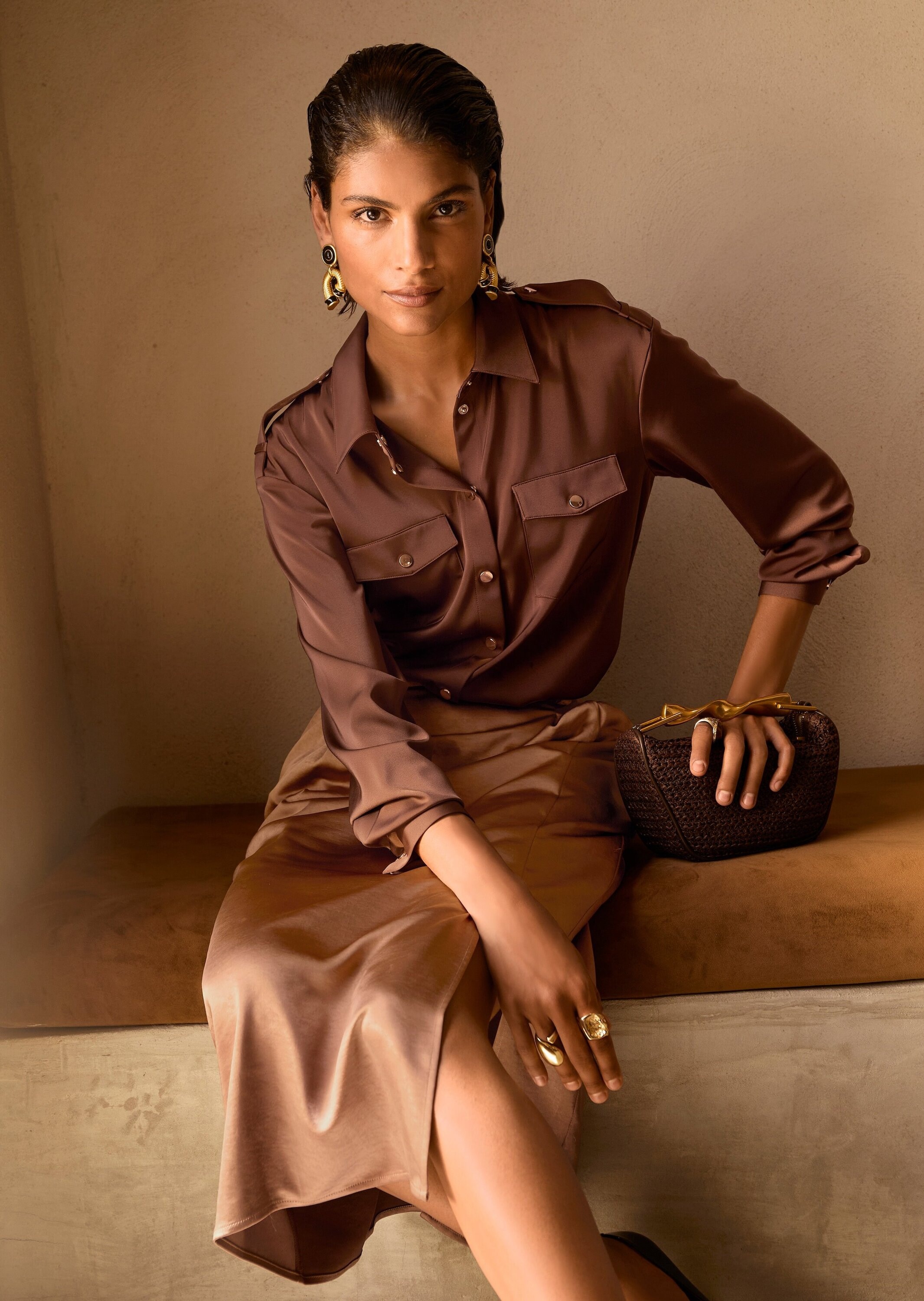 MADELEINE Hemdbluse »Hemdbluse Jerseybluse mit Brusttaschen« Hemdbluse mit aufgesetzter Brusttasche mit Klappe und Druckknopf und Zieriegel an der Schulter