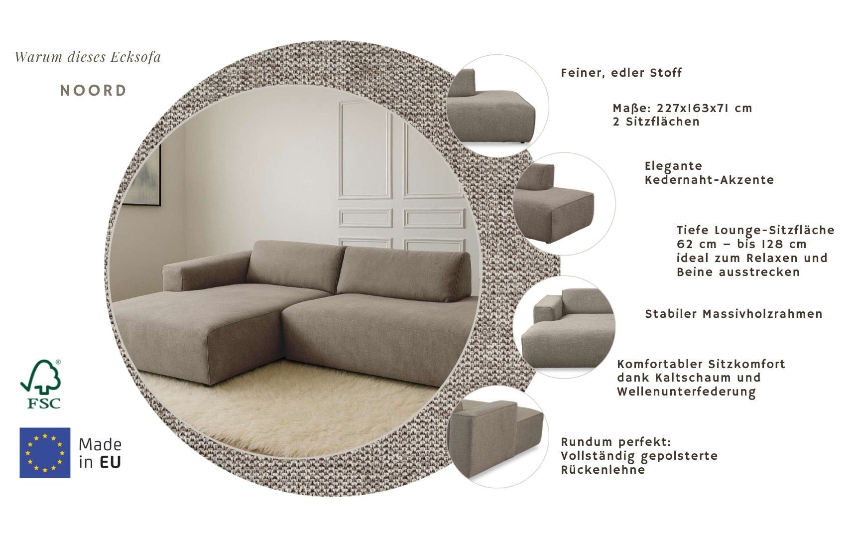 Home affaire Ecksofa »Noord mit Kedernaht, Breite 227 cm, L-Form« Cord, Struktur, Webstoff, mit Wellenunterfederung, Massivholzrahmen
