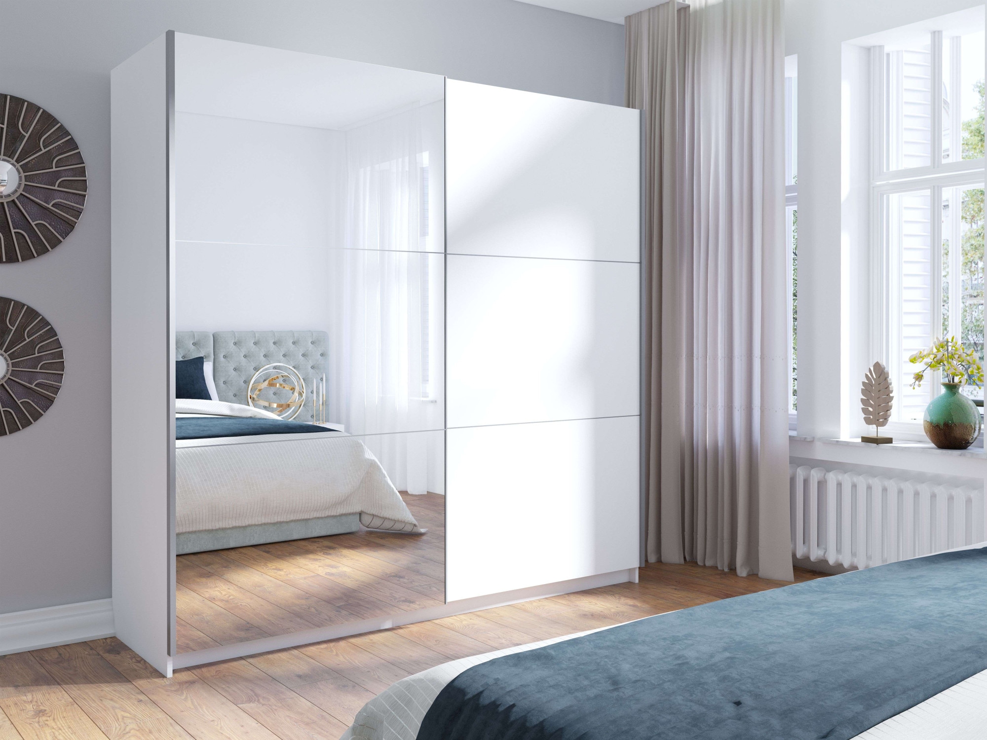 INOSIGN Kleiderschrank »Kleiderschrank Fresno mit 5 Einlegeböden, Spiegel und Kleiderstange«, Garderobe mit 2 Schwebetüren, B/H/T 150/207/62 cm