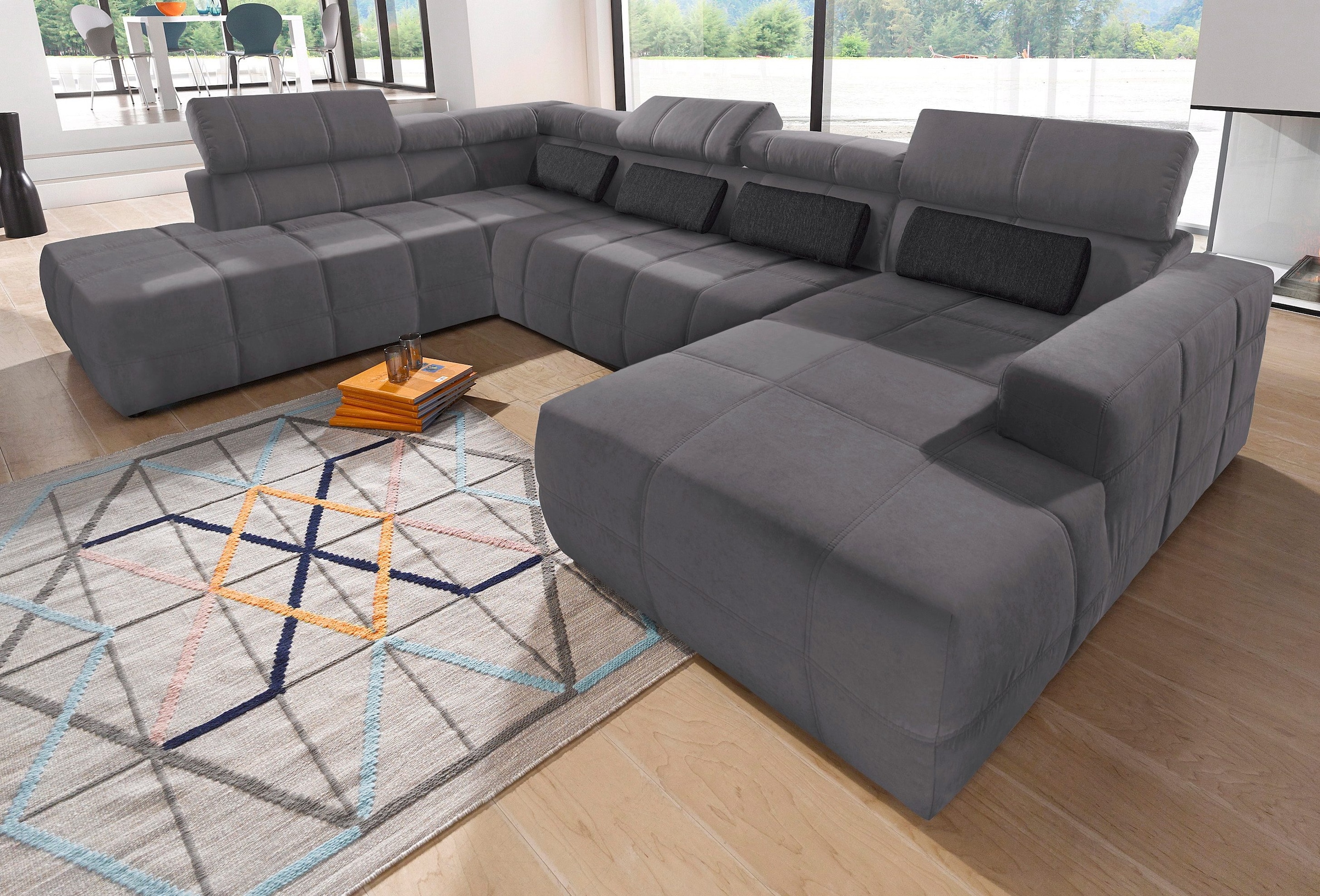DOMO collection Wohnlandschaft »Brandon, belastbar bis 140kg/ Sitz, B/T: 359/228 cm, U-Form«, ohne Sitztiefenverstellung, Luxus-Microfaser, dunkelgrau