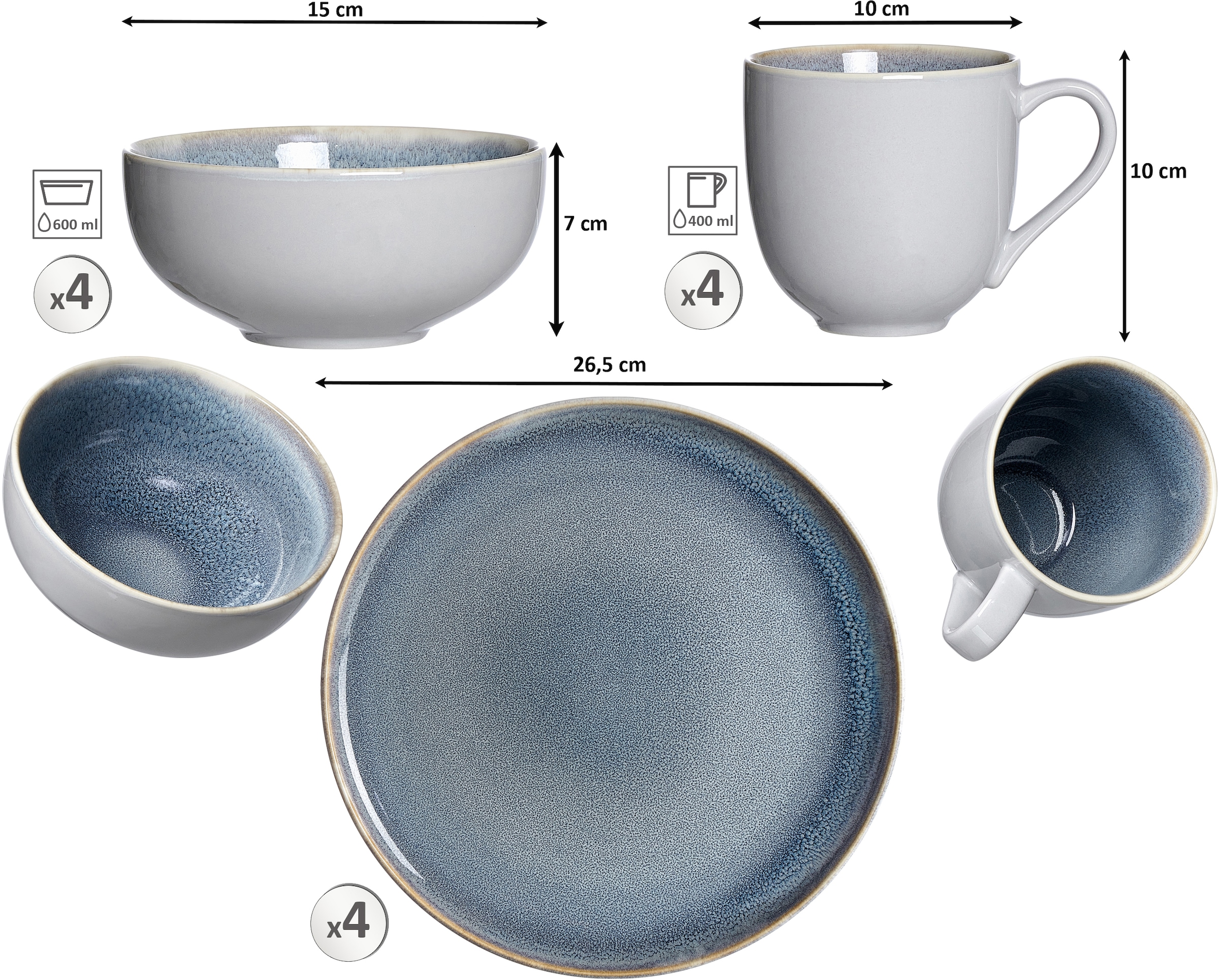 Ritzenhoff & Breker Kombiservice »Geschirr-Set, Service Skagen Stone«, (Set, 12 tlg., 4 Teller (Ø 26,5 cm), 4 Kaffeebecher (Ø 10 cm), 4 Schalen (Ø 15 cm), Reaktivglasur, 12 Teile, für 4 Personen