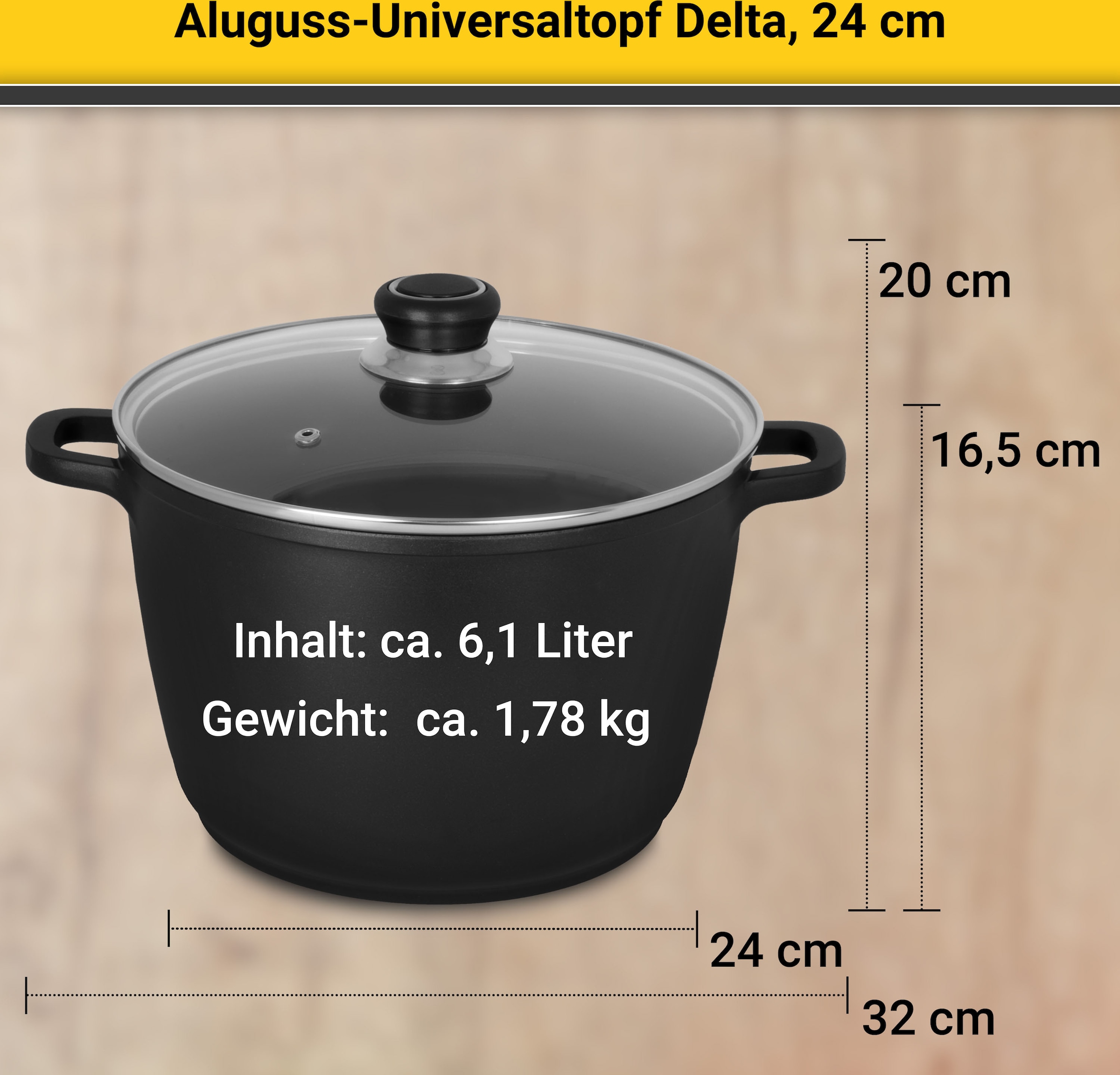 Krüger Kochtopf »Aluguss Universaltopf mit Glasdeckel DELTA, 24 cm«, Aluminiumguss, (1 tlg.), für Induktions-Kochfelder geeignet
