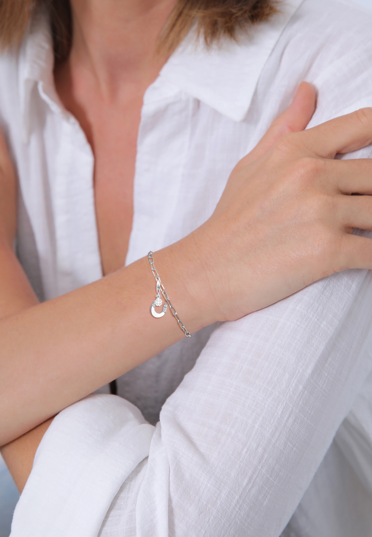 Elli Charm-Einhänger »Charm Hufeisen Kleeblatt Kristalle 925 Silber«
