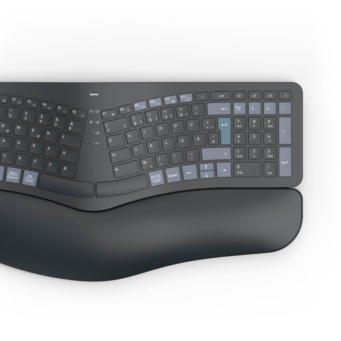 Hama ergonomische Tastatur »Ergonomische Tastatur (kabellos, Multi Device, 2x Bluetooth, 1x Funk)« (Handgelenkauflage | ausklappbare Füße)