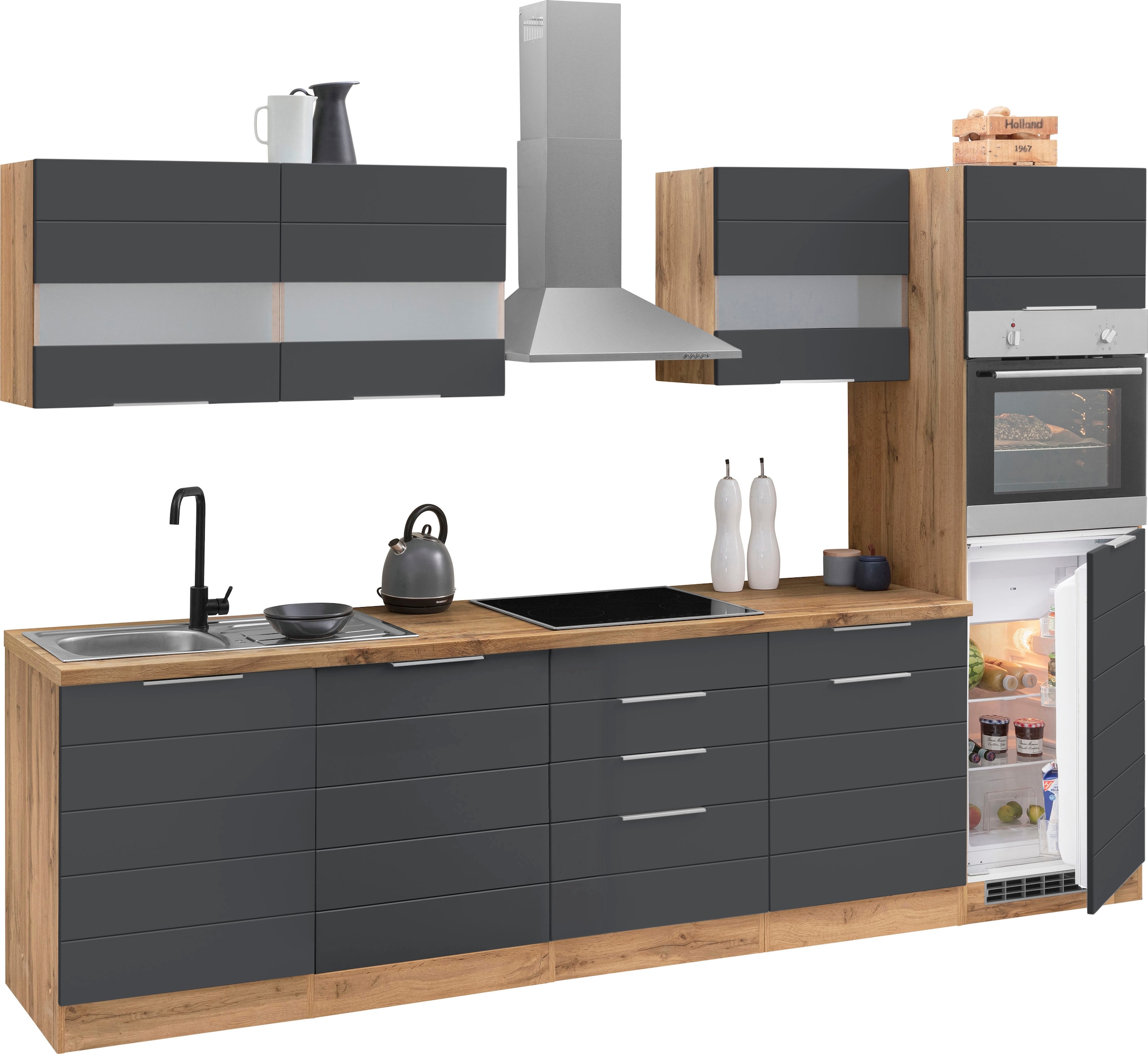 KOCHSTATION Küchenzeile »KS-Luhe« 300 cm breit, wahlweise mit oder ohne E-Geräten, gefräste MDF-Fronten