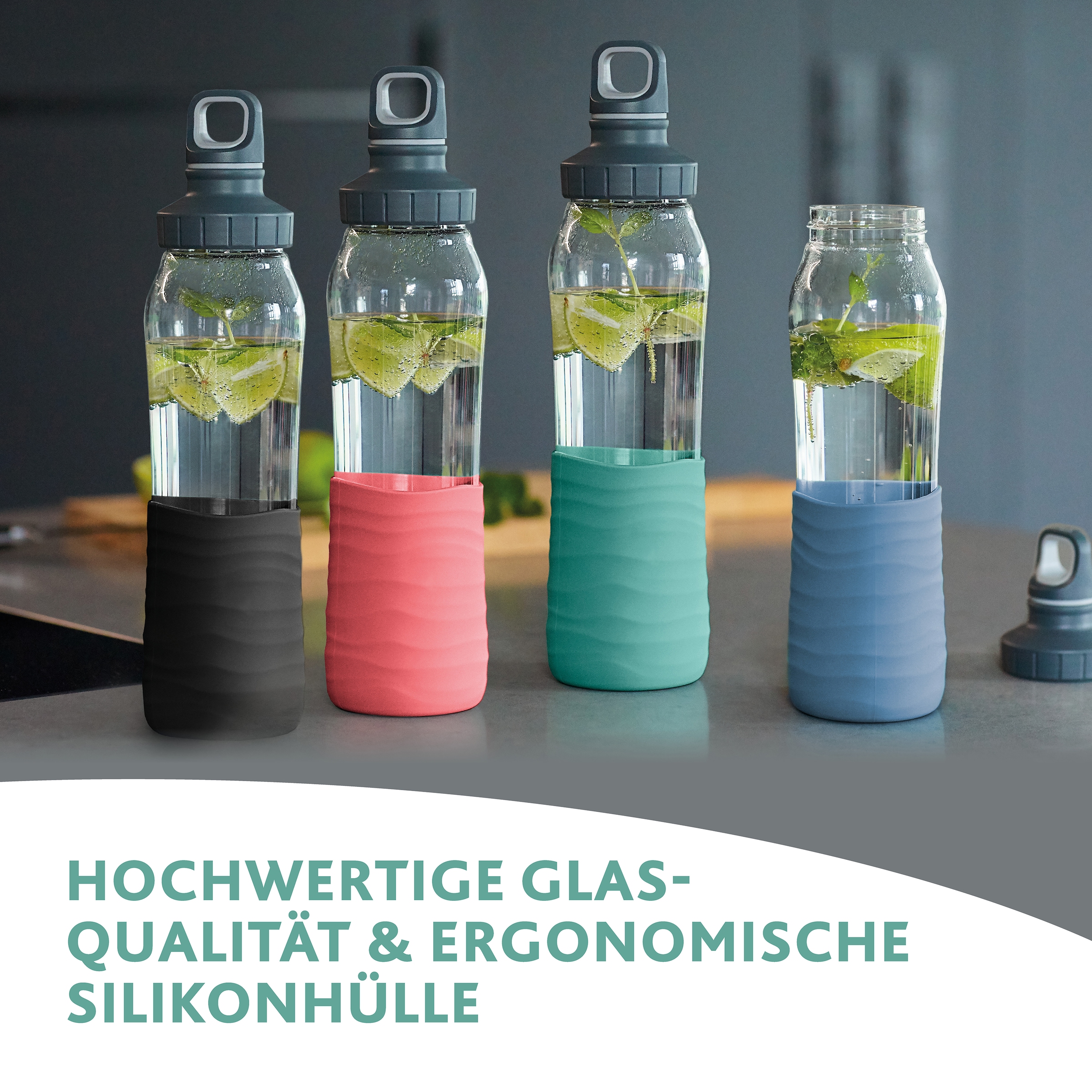 Emsa Trinkflasche »Drink2Go«, 0,7L, Glas, Schraubverschluss, spülmaschinenfest, Griff(Soft-Touch)
