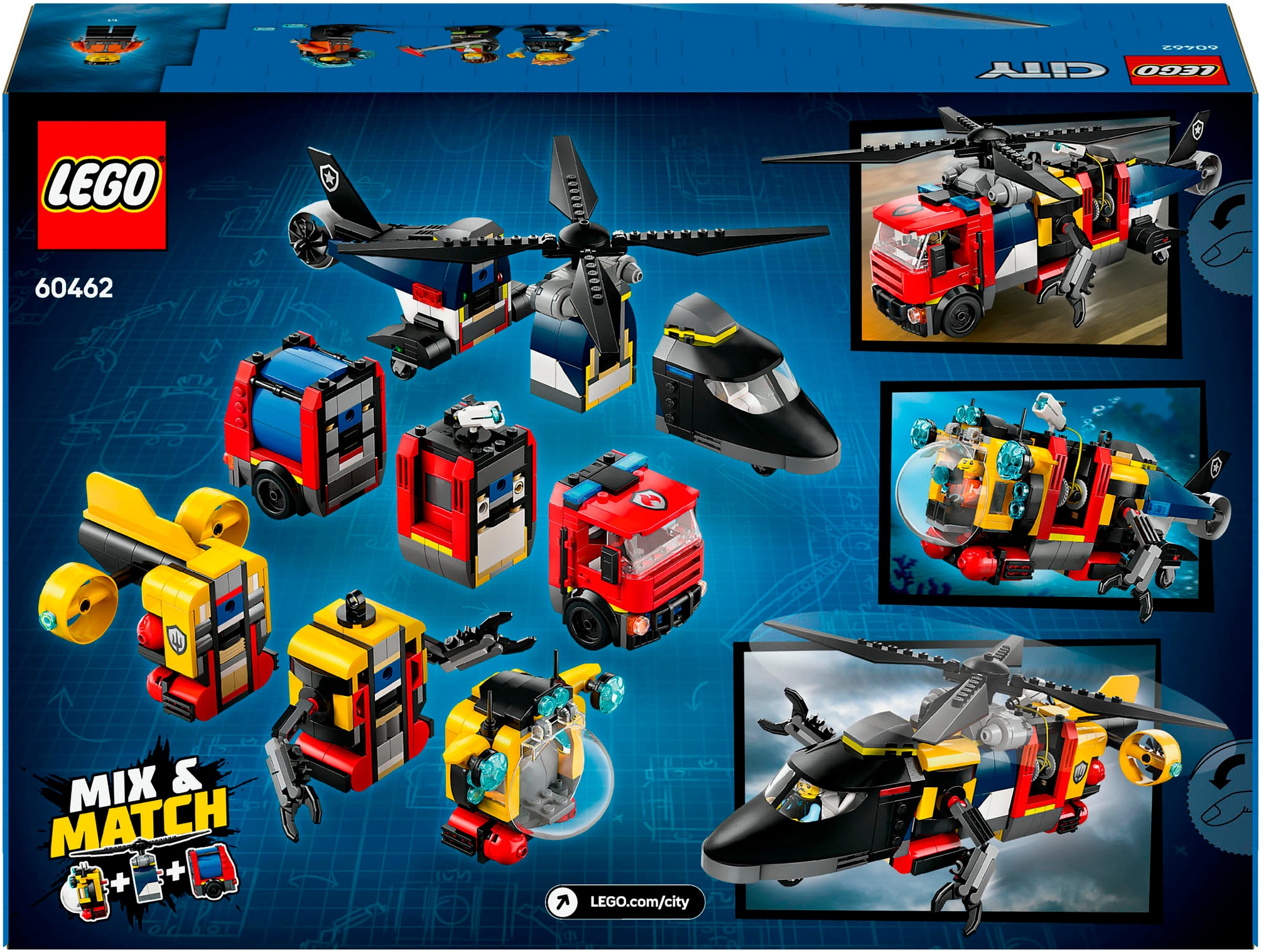 LEGO® Konstruktionsspielsteine »Kombinationsset mit Hubschrauber, Löschauto und U-Boot (60462)«, (874 St.), LEGO City; Made in Europe