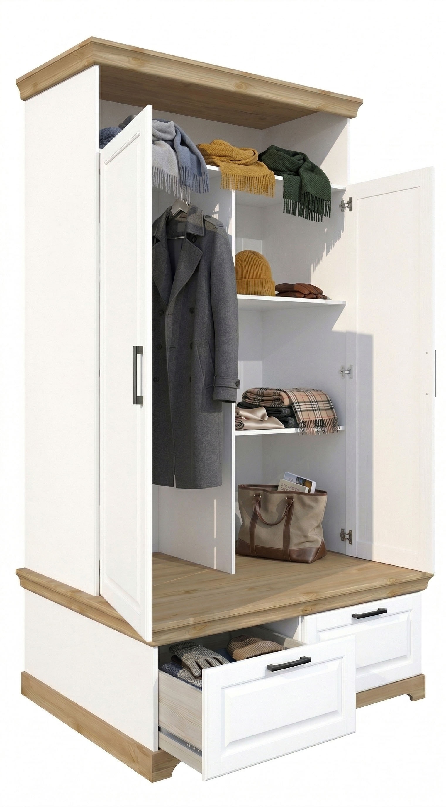 OTTO home Wäscheschrank »Rügen XXL– Landhaus-Charme mit maximalem Stauraum, zeitlos schön« B/H/T ca. 127/216/70 cm,  Integrierte Sitzbank + Schubladen: Stauraum für Schlafzimmer+Diele