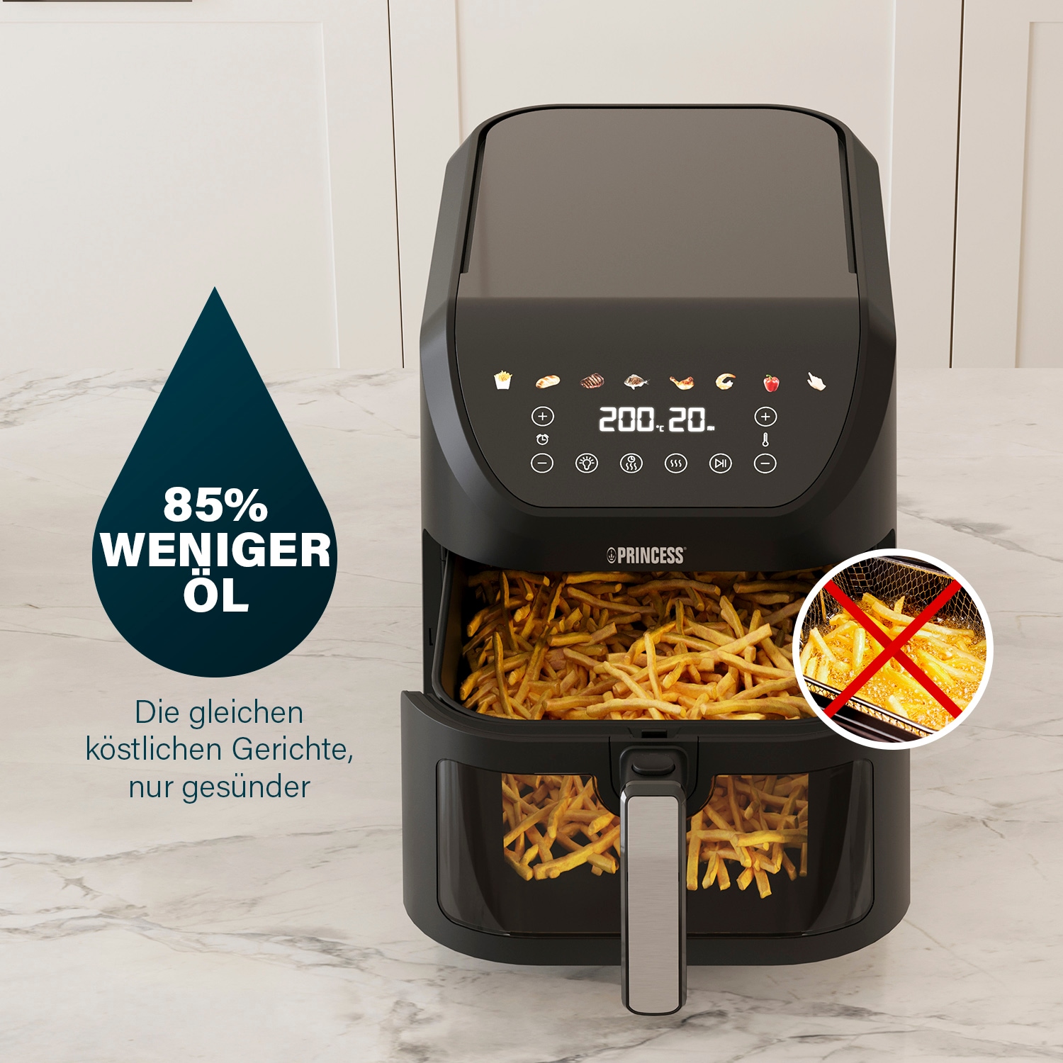 PRINCESS Heißluftfritteuse »182258 SlimFry Airfryer«, 2000 W, 8 L, platzsparendes Design, fettfreie Kochtechn., 8 Progr., 55dB leise