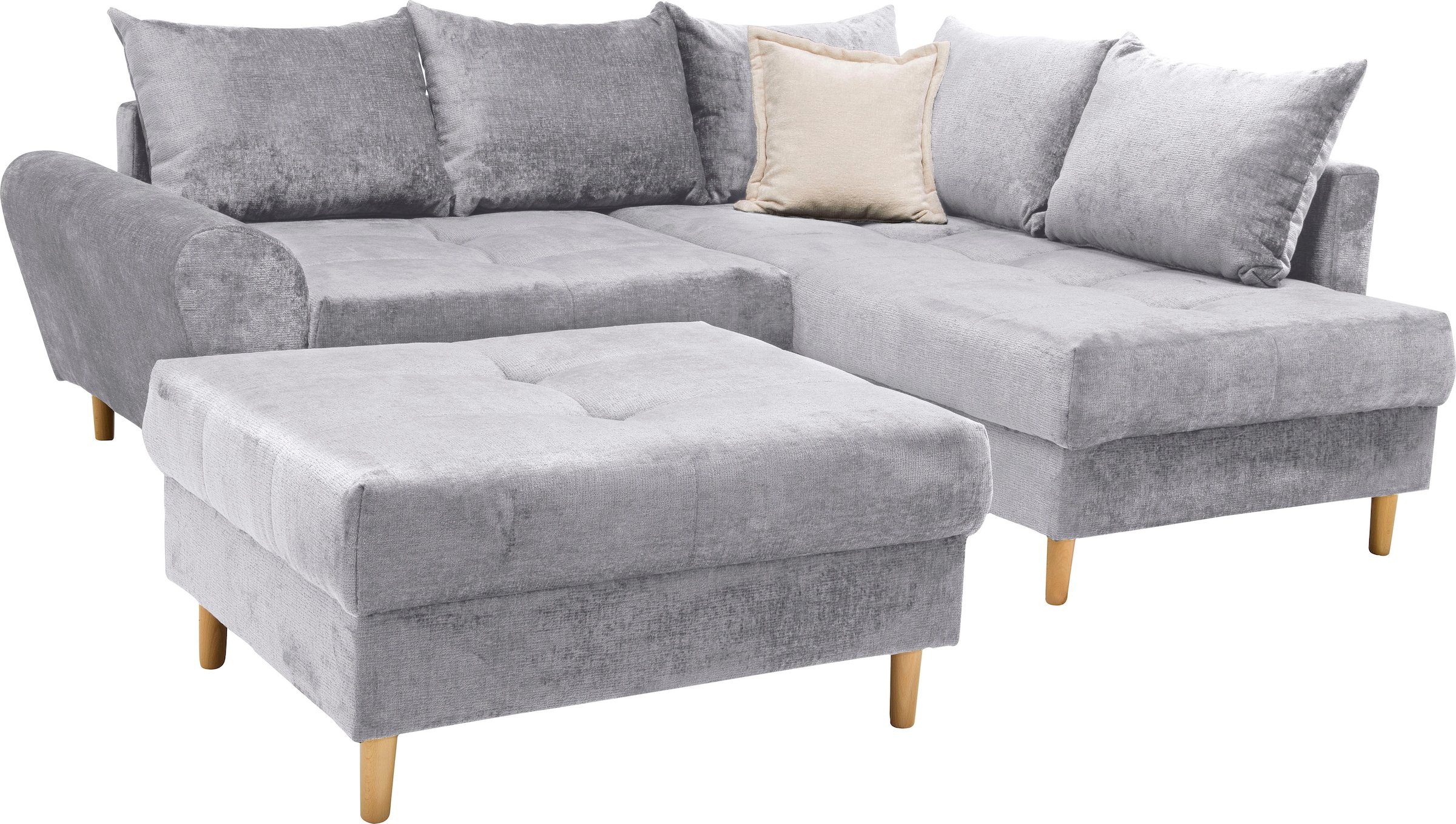 COLLECTION AB Ecksofa »Reims L-Form«, Ottomane beidseitig montierbar, inkl. Bettfunktion und Hocker