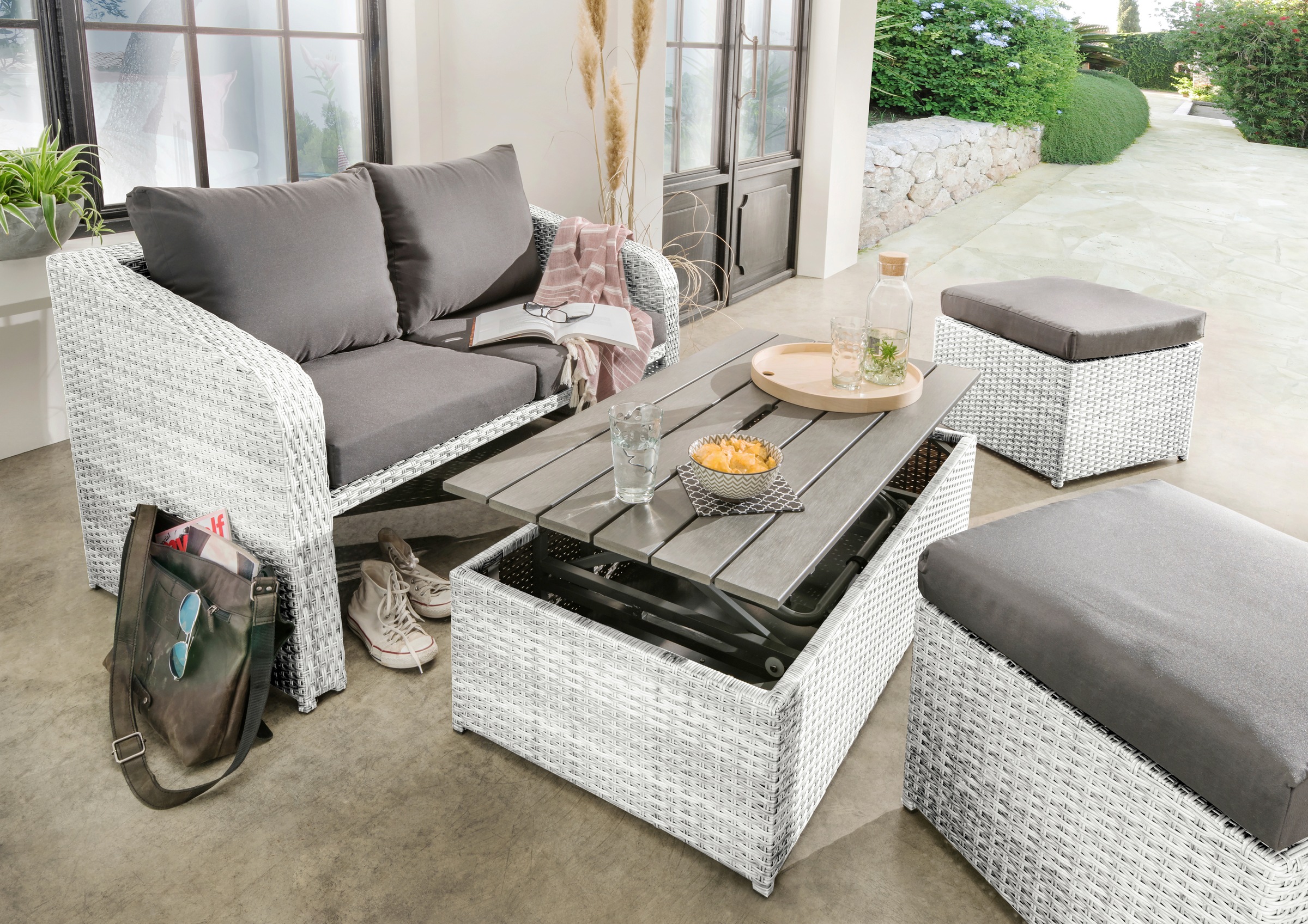 Destiny Gartenlounge-Set »Jersey II«, (10 tlg.), Lounge-Set mit Polsterauflagen, höhenverstellbarer Tisch 22-55 cm