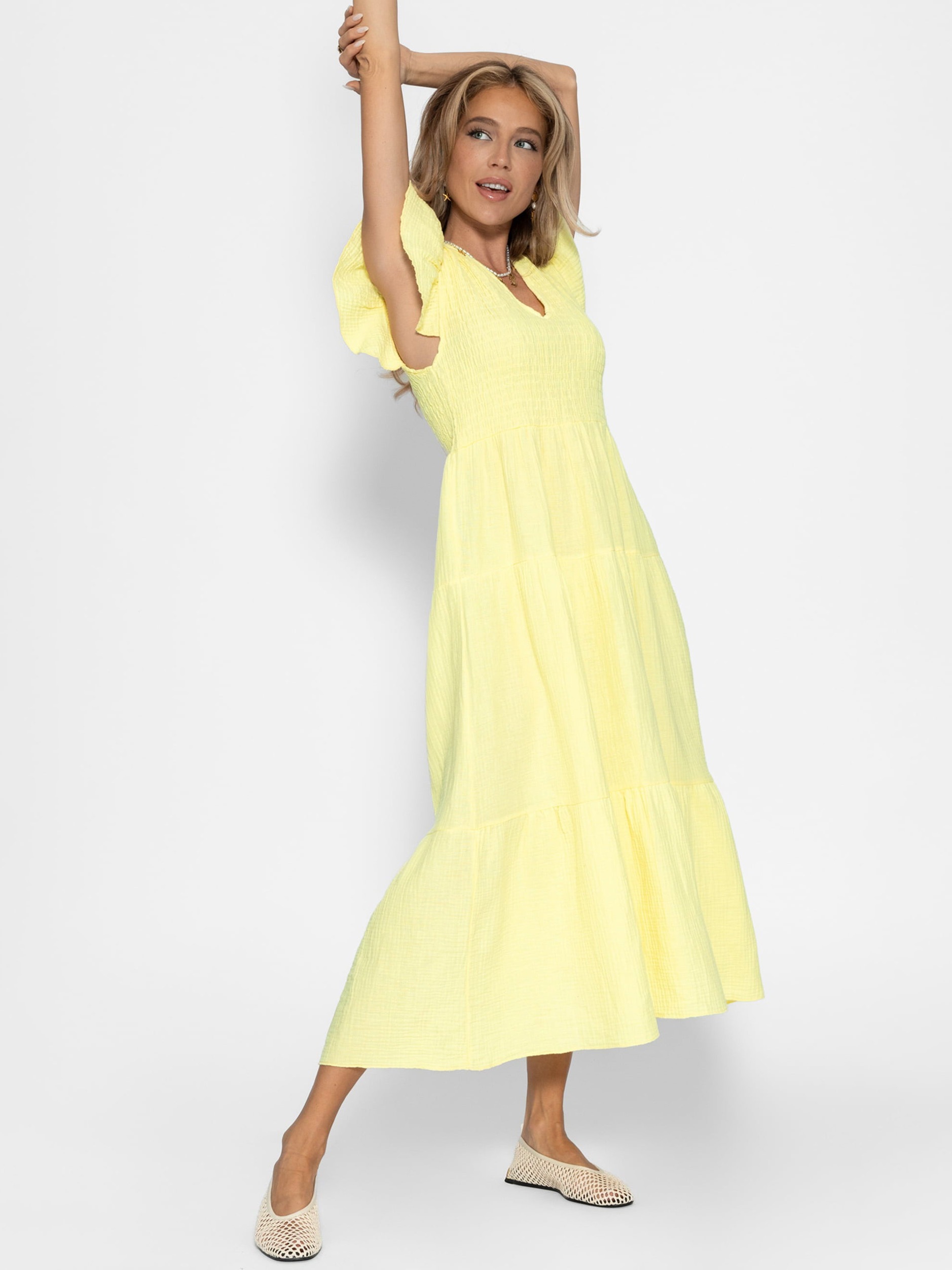 SASSYCLASSY Maxikleid »Maxi Musselin Kleid mit Volants und Flügelärmel« Sommerliches Kleid aus Musselin mit Flügelärmel Gelb Schwarz Pink