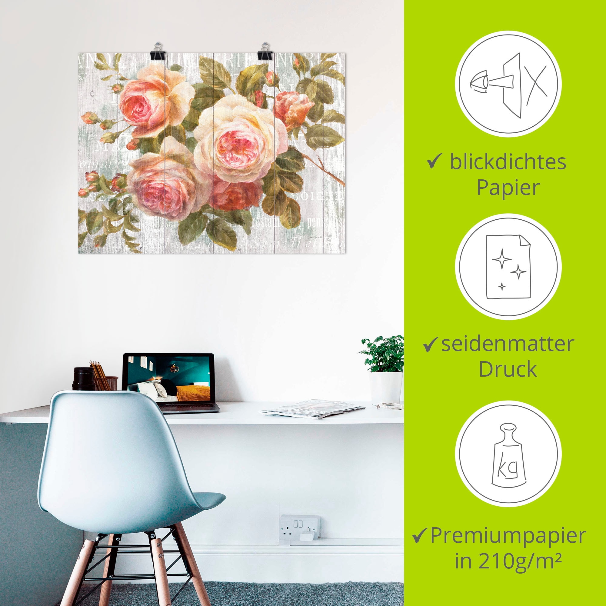 Artland Wandbild »Vintage Rosen auf Holz«, Blumen, (1 St.), als Leinwandbild, Poster, Wandaufkleber in verschied. Größen