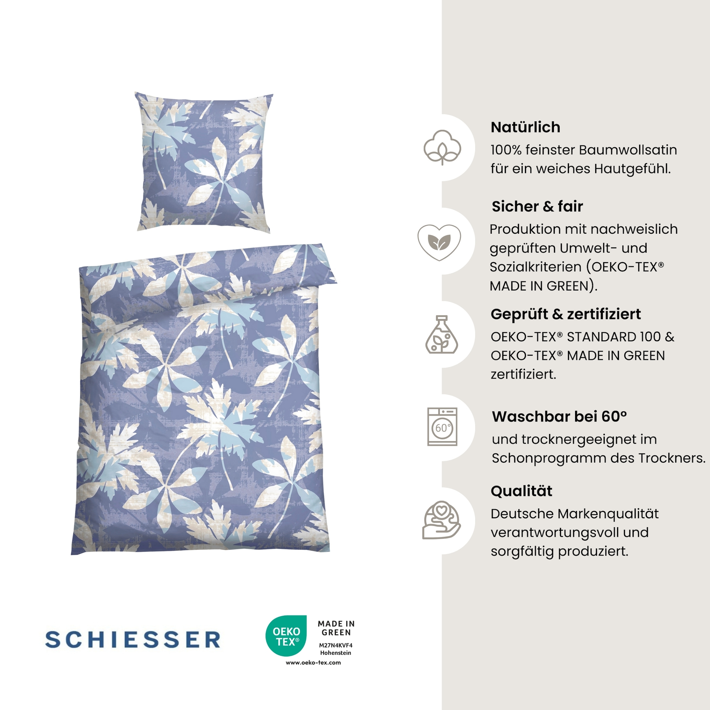 Schiesser Bettwäsche »Vera aus weichem Baumwoll-Satin mit floralem Muster« 2 tlg. Made in Green by Oeko-Tex