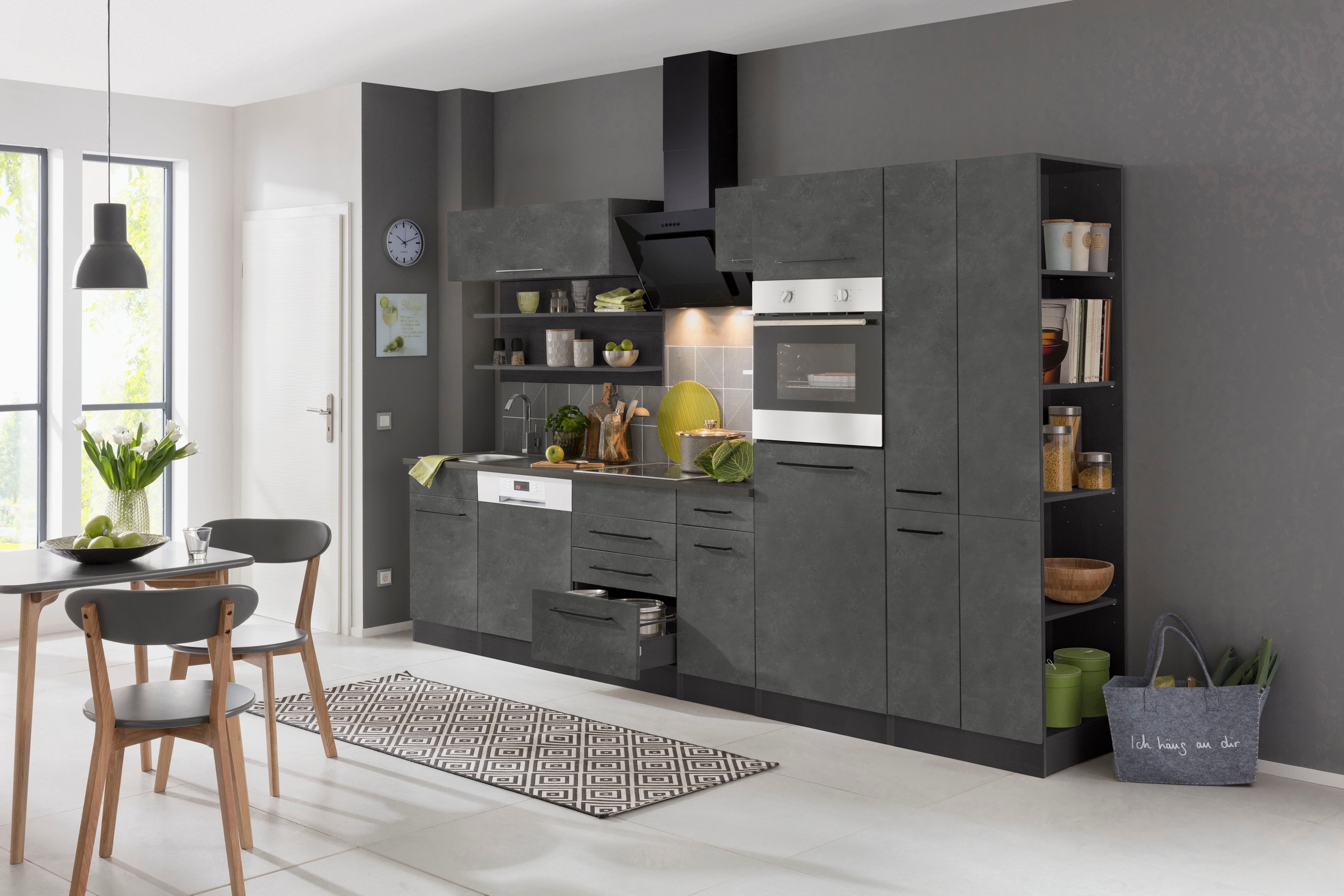 KOCHSTATION Küchenzeile »KS-Tulsa«, mit E-Geräten, Breite 300 cm, schwarze Metallgriffe, MDF Fronten