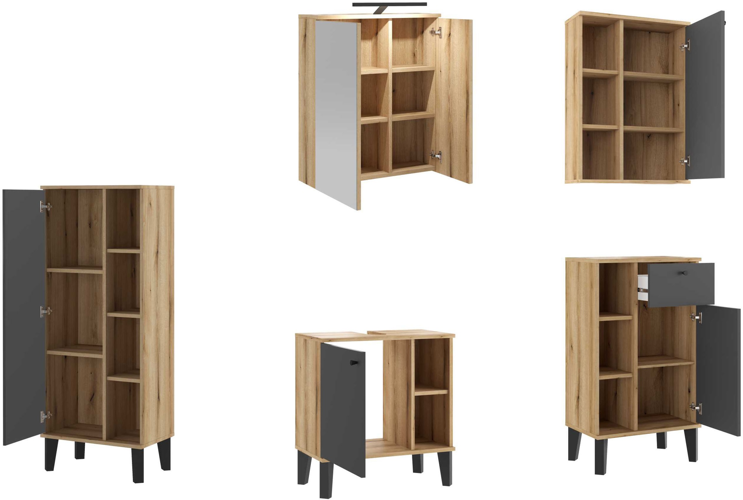 INOSIGN Badmöbel-Set »OSLO, Bad im skandinavischen Design, 5-teiliges Badezimmer«, (Set, 5 St.), Badschränke und Spiegel, in zwei Farben verfügbar, viel Stauraum