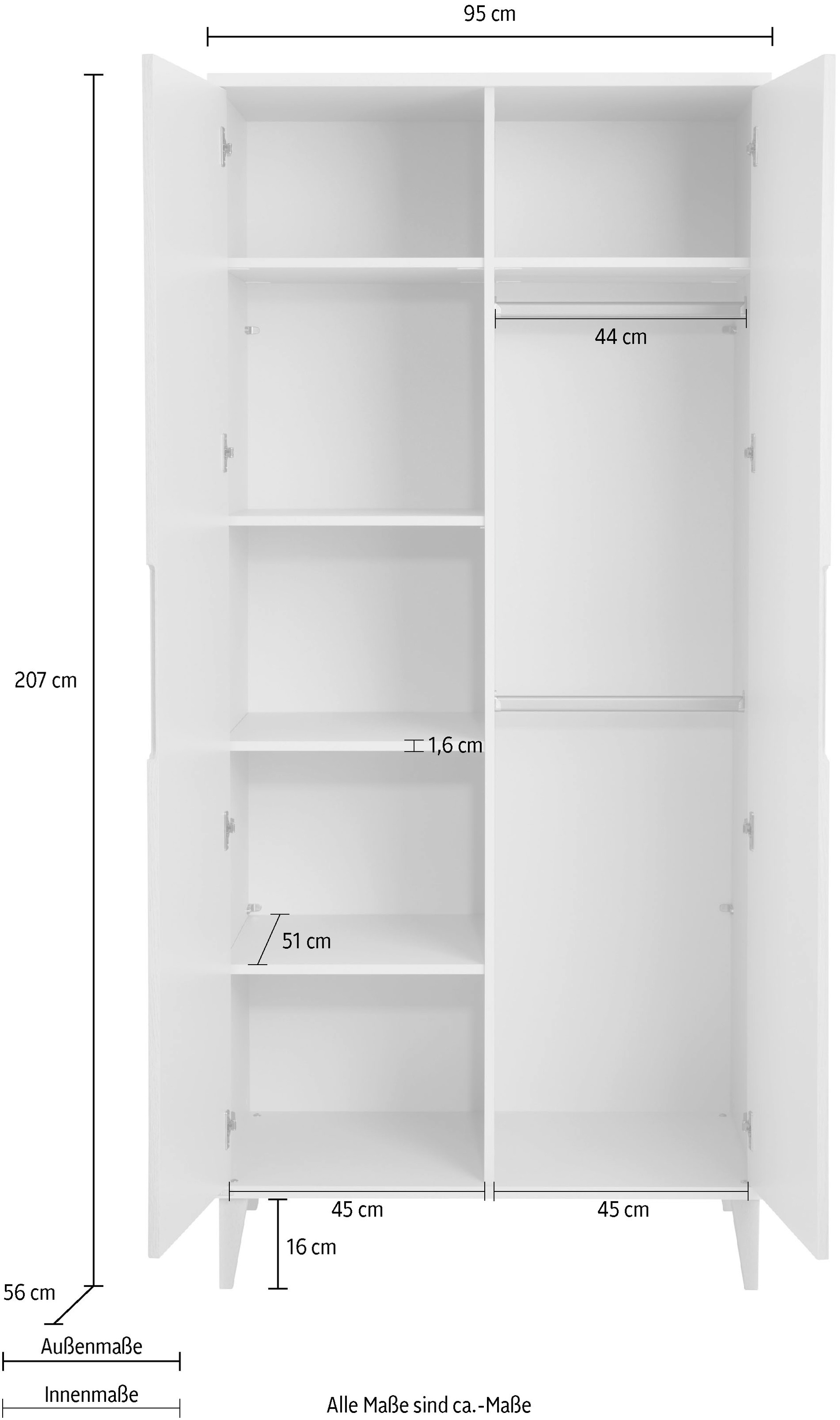 PAIDI Kleiderschrank »JONTE in Beige & Eichefarben mit gerillten Türen, verschiedene Größen« B/H/T ca. 95-141/164-207/40-56cm, mit 2 oder 3 Türen + Tiny-Variante,  stabiler Drehtürenschrank mit Massivholz-Füßen, Soft-Close-Funktion