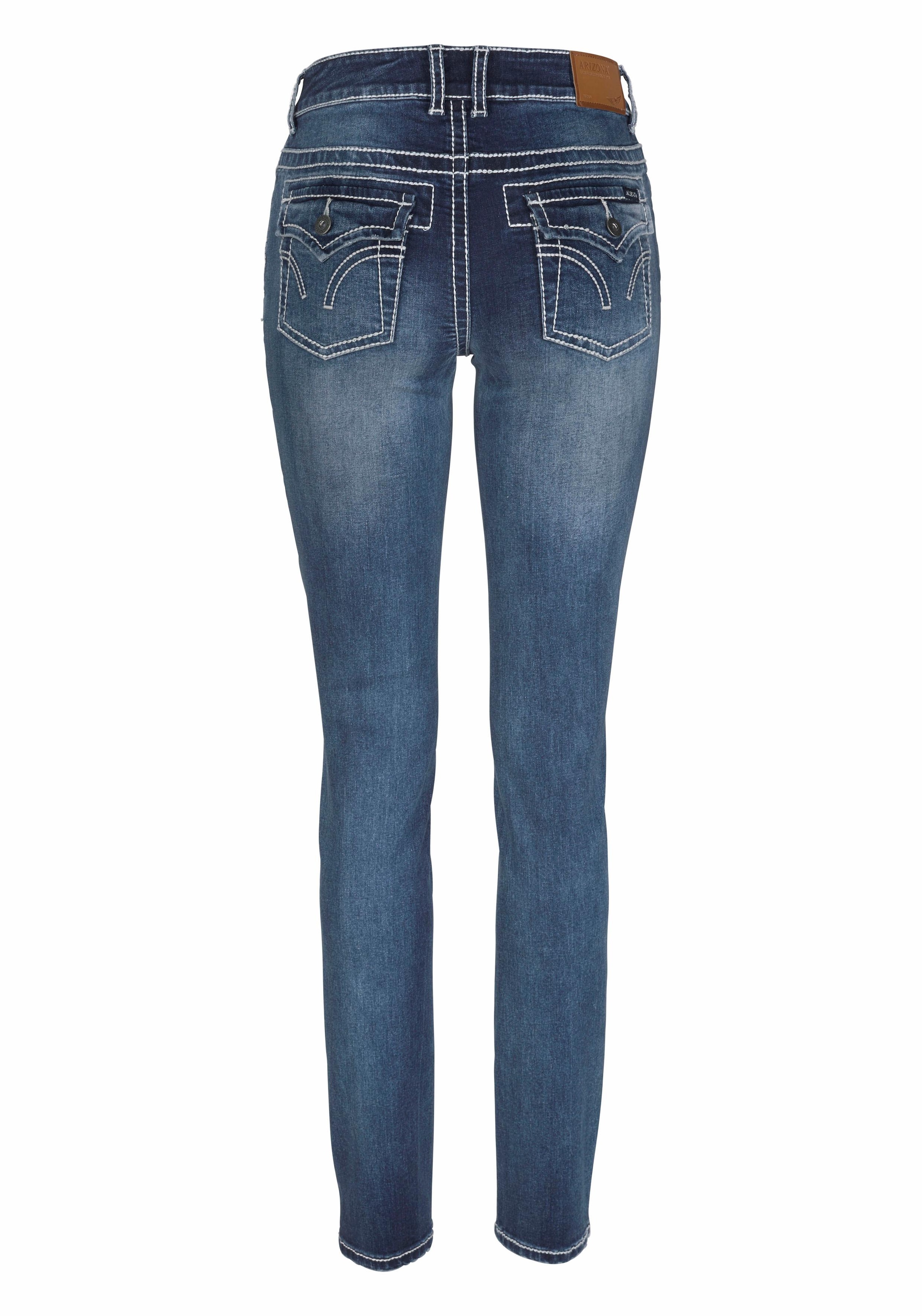 Arizona Skinny-fit-Jeans »mit Kontrastnähten und Pattentaschen«, lange Beinform, mit Destroyed-Effekten, niedrige Leibhöhe