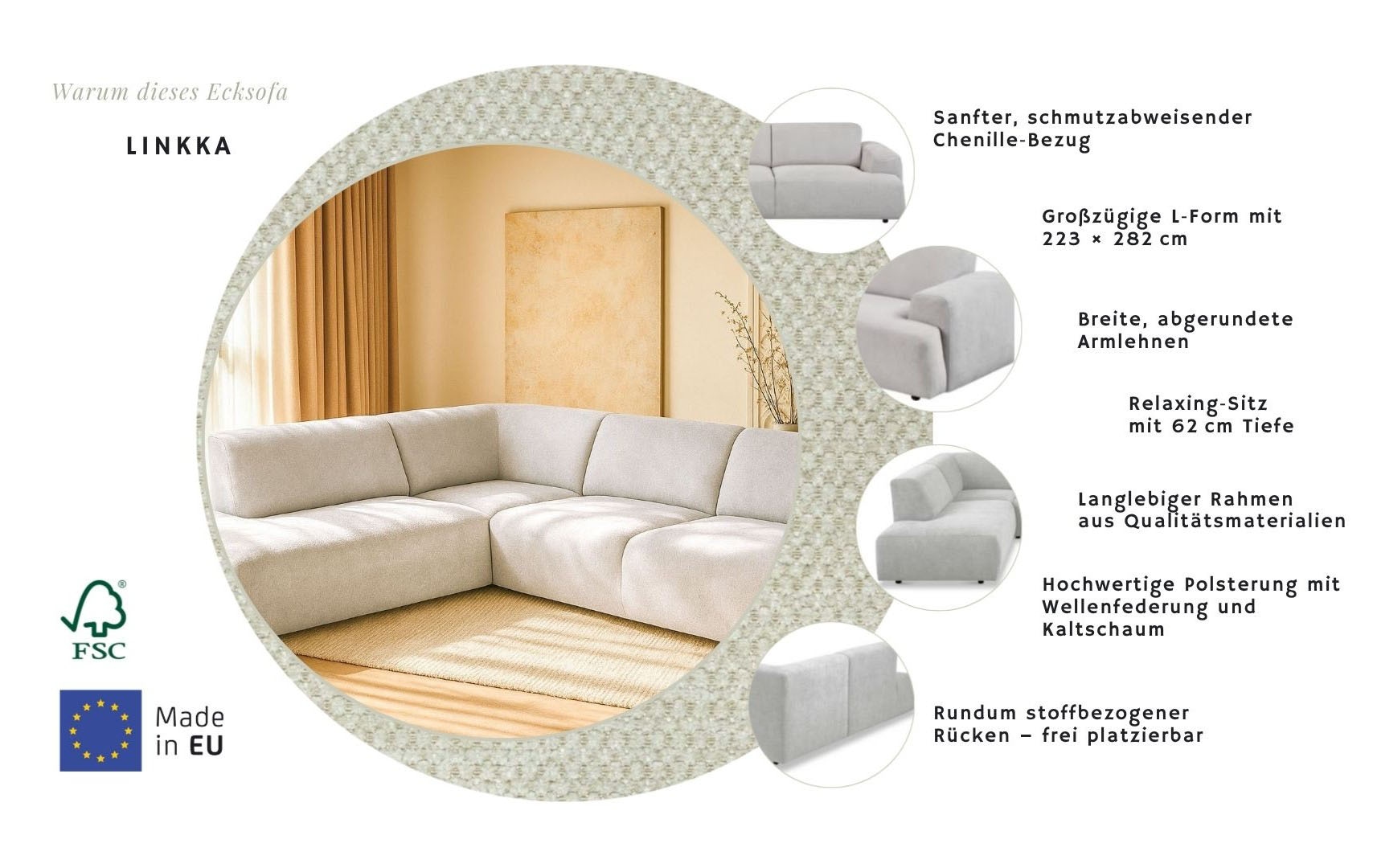 OTTO home Ecksofa »Linkka, Breite 282 cm« L-Form, in einem weichen Chenille-Stoff, mit Wellenunterfederung
