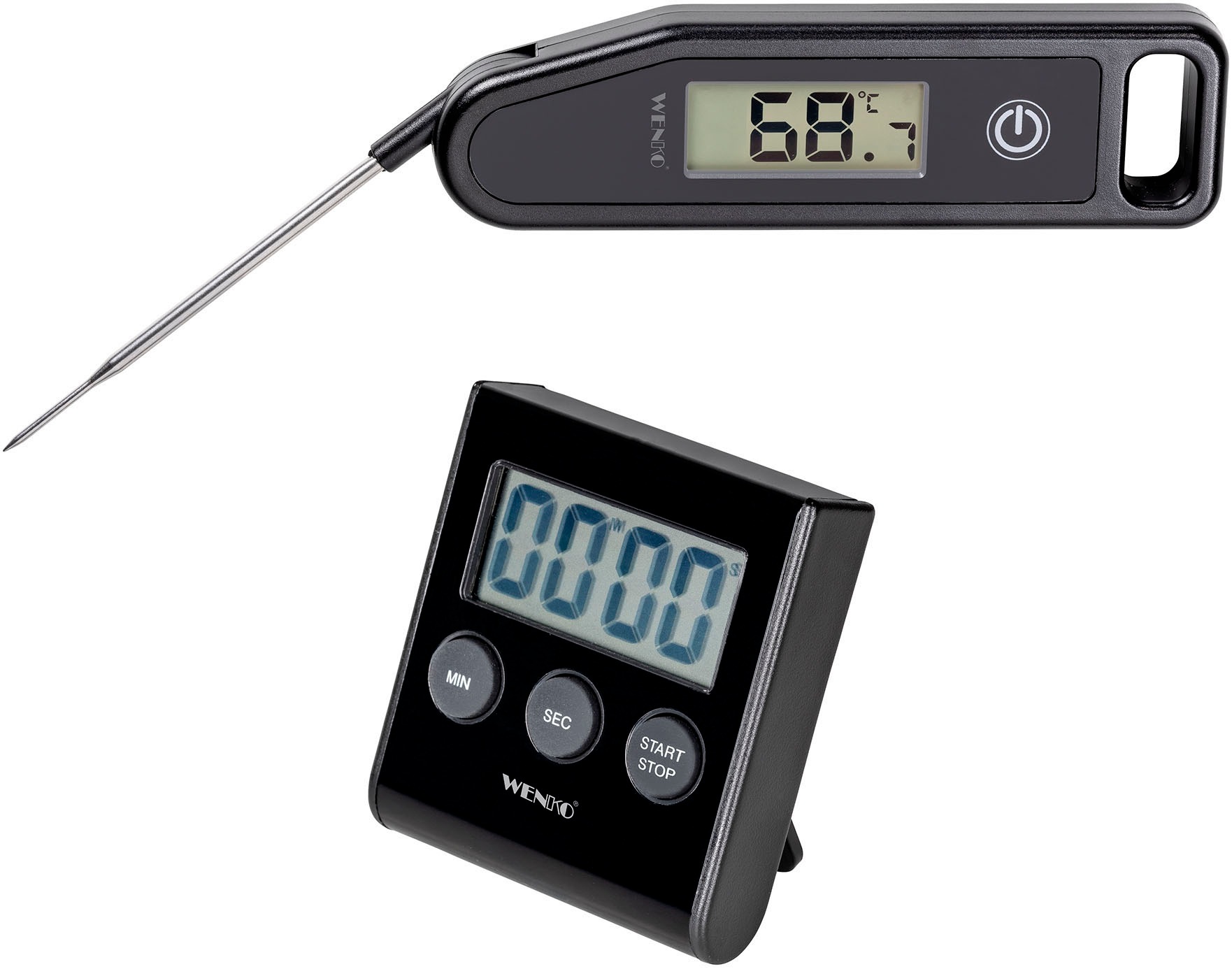 Wenko Kochthermometer »Modell Bobby mit Küchentimer Modell Lilo« Fleischthermometer mit Edelstahl-Messfühler & digitaler Küchenwecker in schwarz