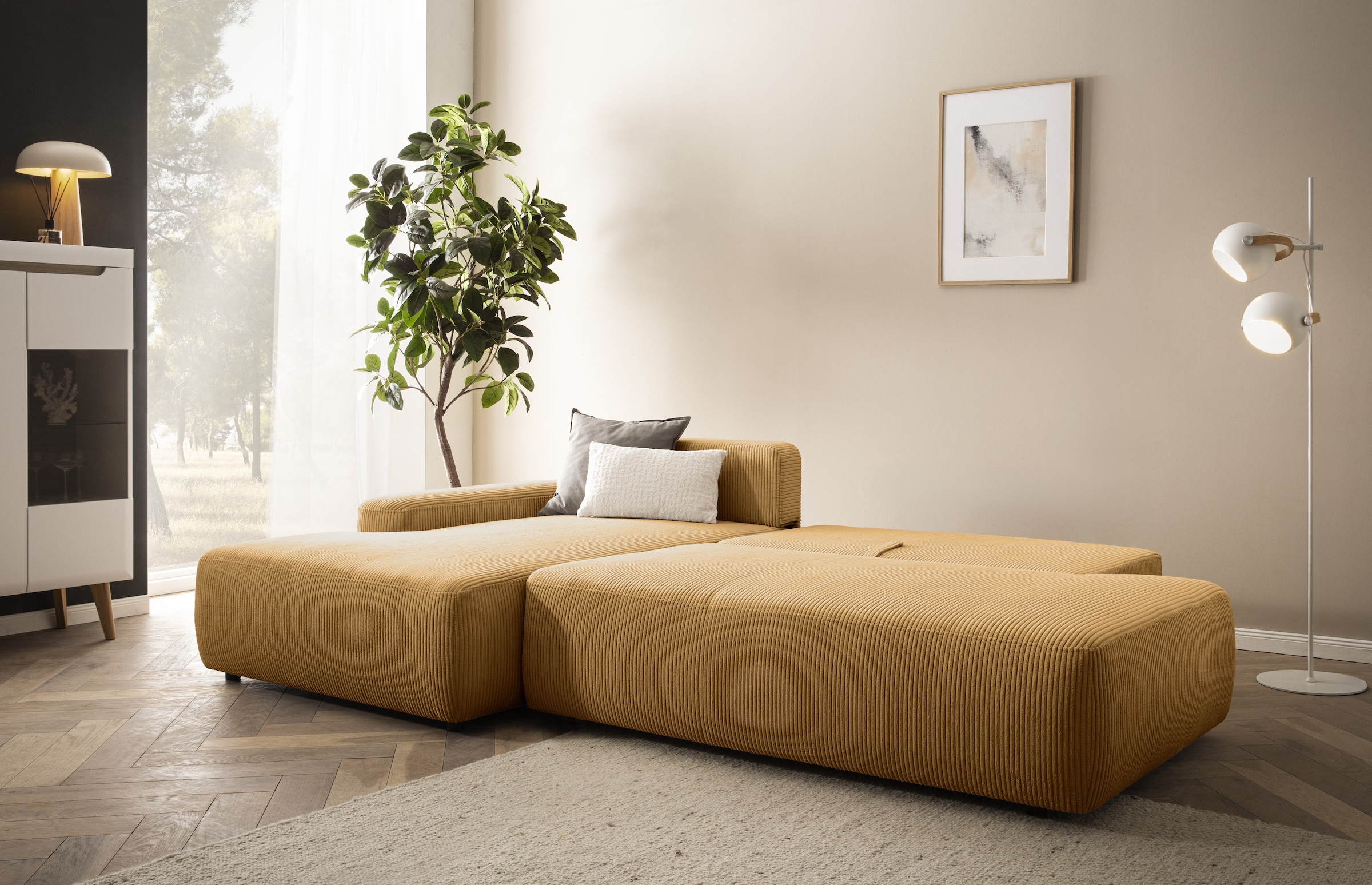 INOSIGN Ecksofa »TORGE, Schlafsofa Cord, Samtvelours u. Strukur fein, Couch in L-Form«, Schlaffunktion und Bettkasten, Liegefläche: 210x125 cm, neues Design