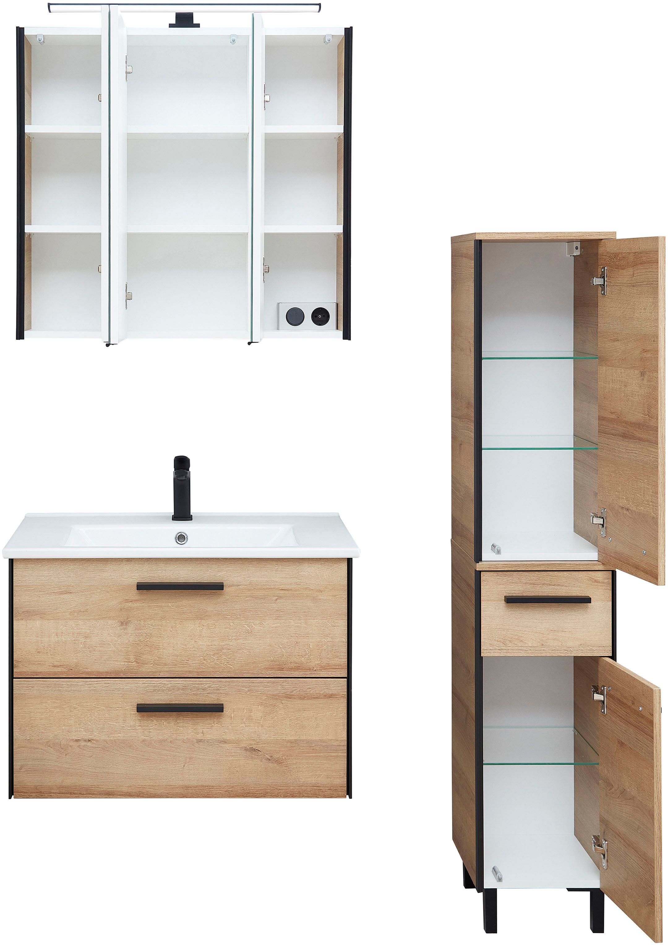 Saphir Badmöbel-Set »Quickset 395 3-teilig, Keramikwaschtisch mit LED-Spiegelschrank«, (5 St.), Midischrank, inkl. Türdämpfer, 5 Türen, 3 Schubladen, Bad-Set