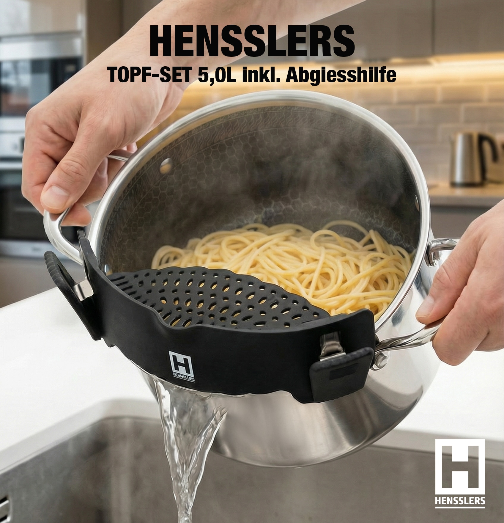 HENSSLERS Küchensieb »Premium, Abgießhilfe« passend für alle runden Töpfe, Pfannen und Schüsseln