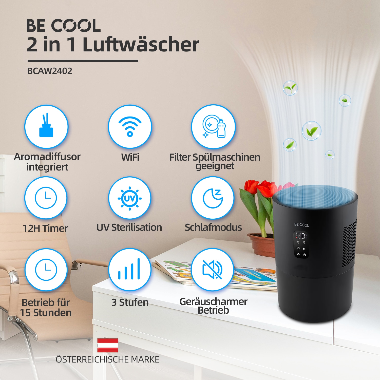 be cool Luftbefeuchter »Luftwäscher BCAW2402«, 4,5 l Wassertank, abwaschbarer Wasserfilter, Wifi, Aroma- und UV-Sterilisation