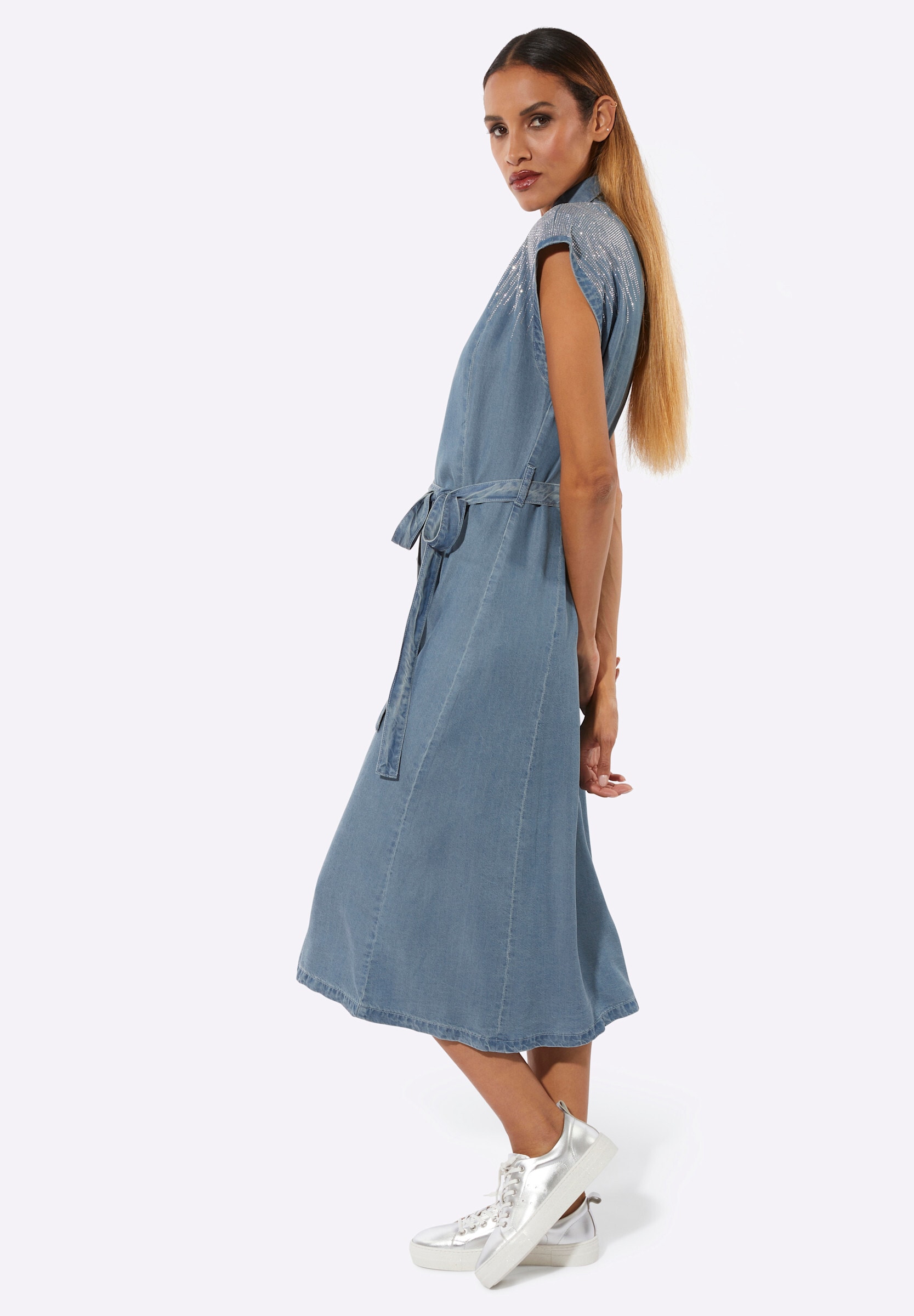 creation L Jeanskleid »Lyocell-Jeans-Kleid Jeanskleid mit Glitzersteinchen vorne und hinten« Ohne Taschen
