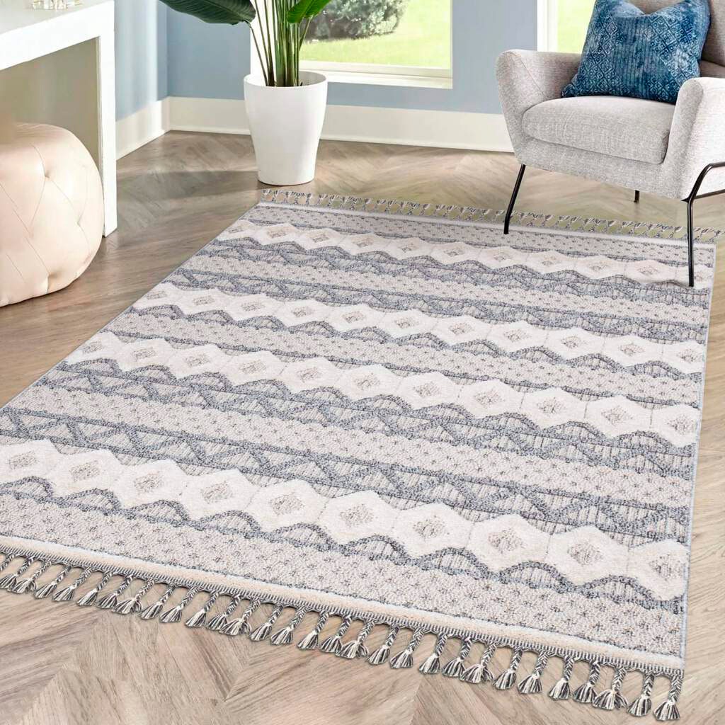 Carpet City Hochflor-Teppich »Valencia 728«, rechteckig, 20 mm Höhe, Läufer, Boho-Stil, 3D-Effekt, Relief, Hoch-Tief-Struktur, mit Fransen