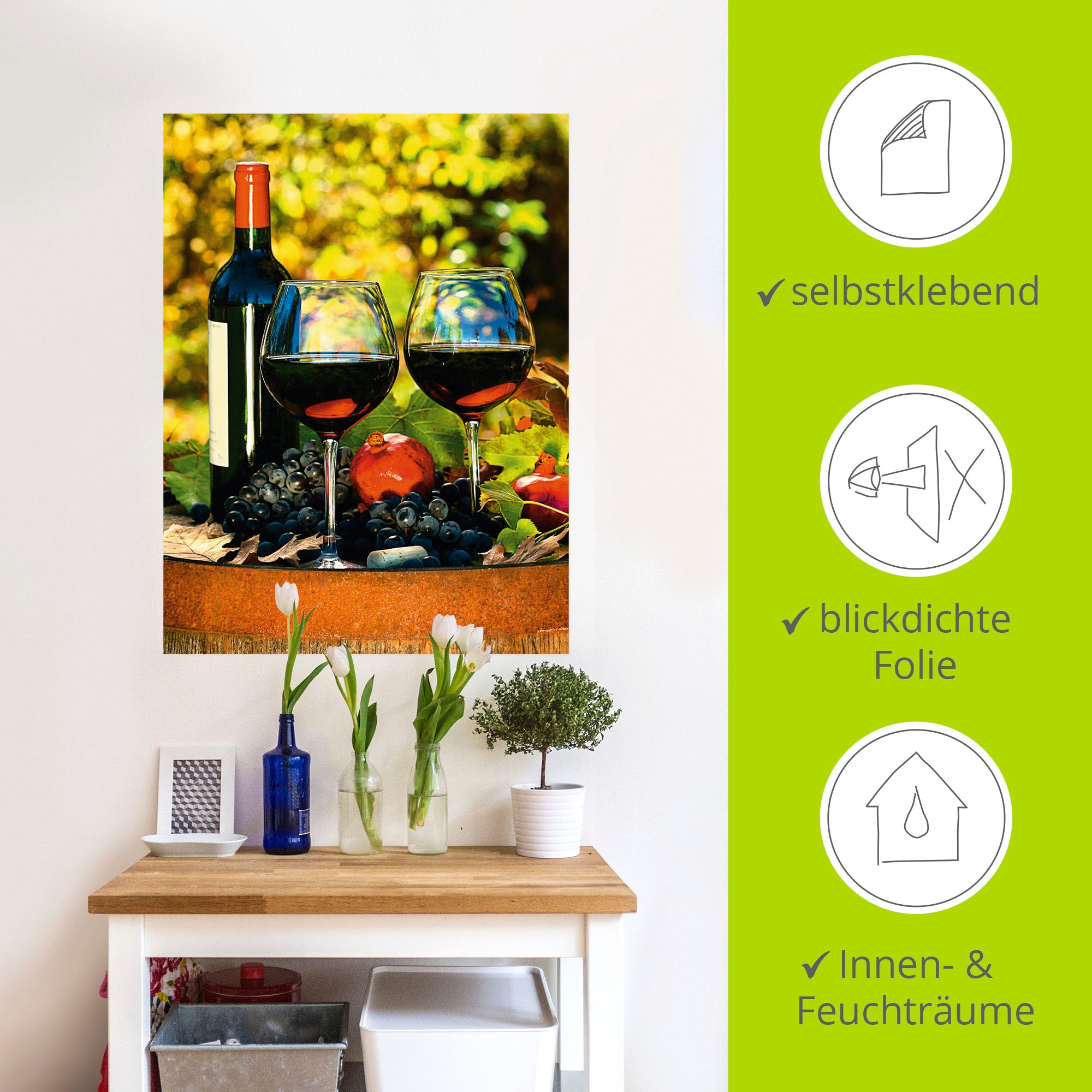 Artland Wandbild »Gläser Rotwein auf altem Fass«, Getränke, (1 St.), als Poster, Wandaufkleber in verschied. Größen