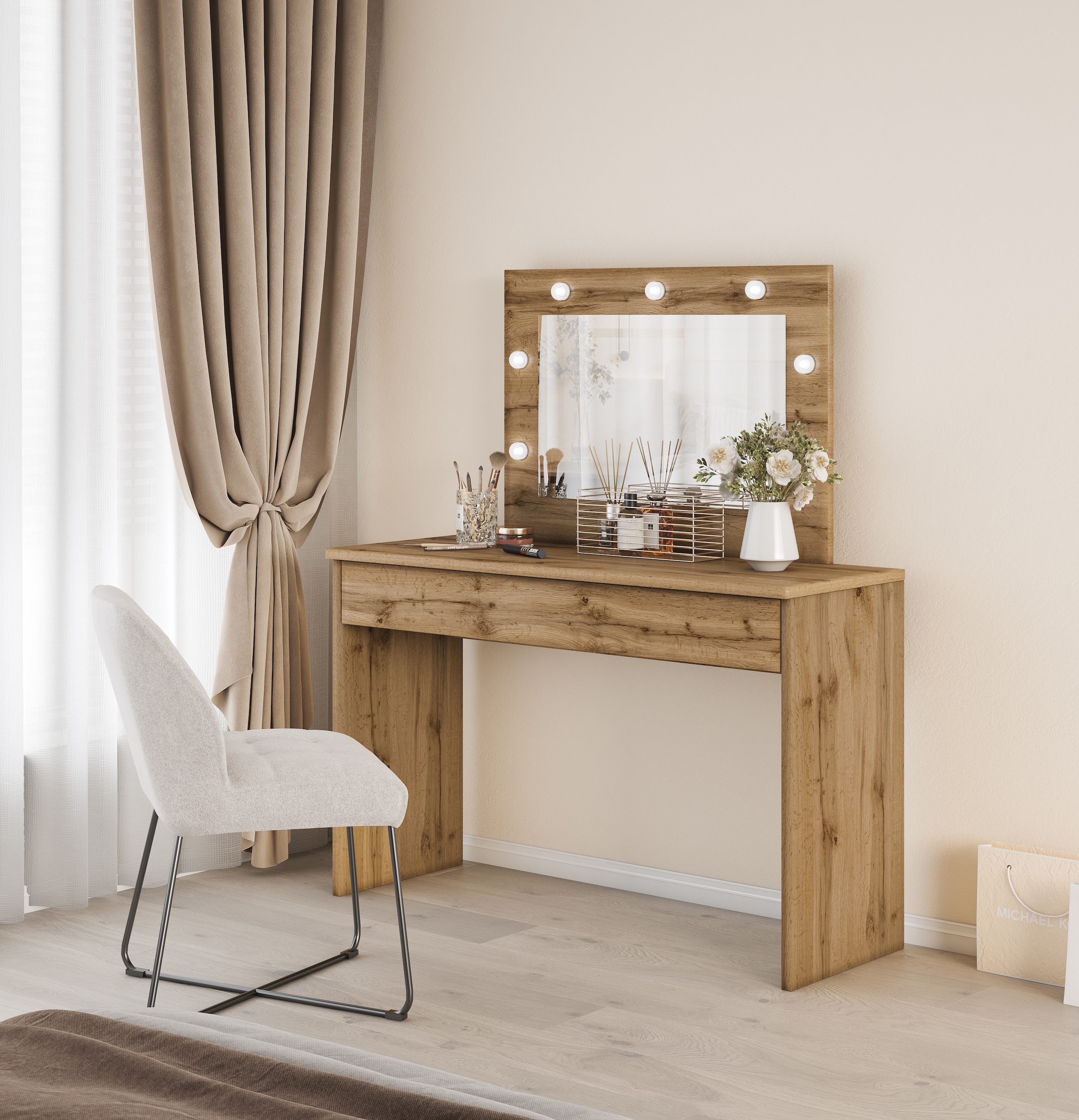 INOSIGN Schminktisch »Eva, Frisiertisch Kosmetiktisch 1 Schublade«, (FSC-zertifizierter Holzwerkstoff mit Melaminbeschichtung), mit LED Beleuchtung, 118x135x42cm, Made in Europe