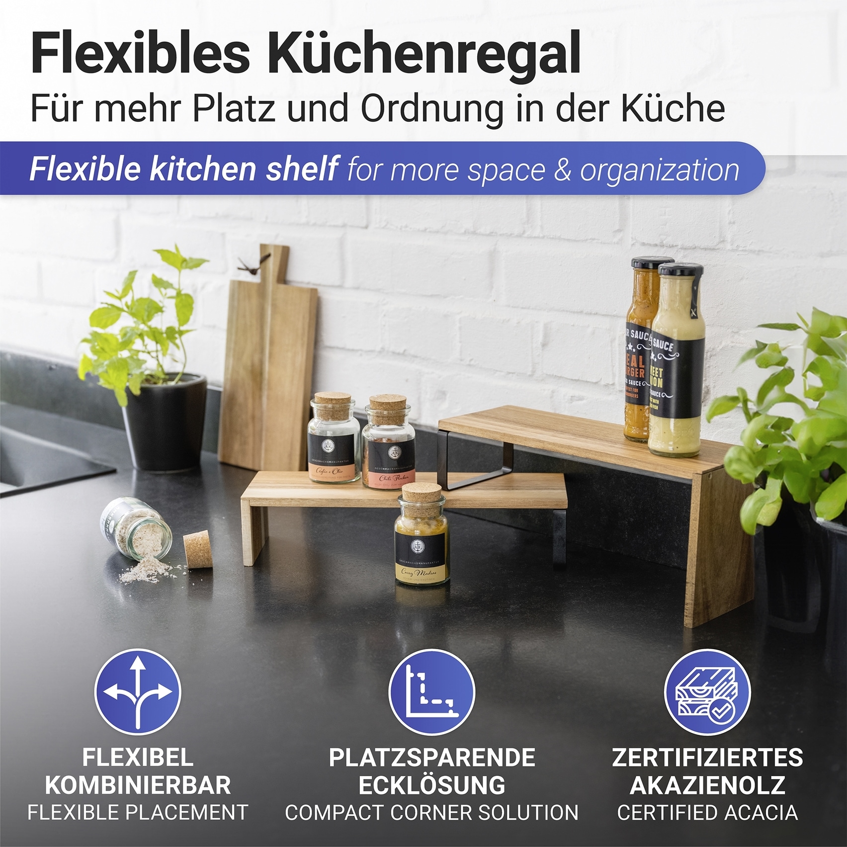 WENKO Küchenregal »Modell Vali Akazie«, (2 St.), Regal aus Akazienholz für die Arbeitsfläche, flexibel kombinierbar