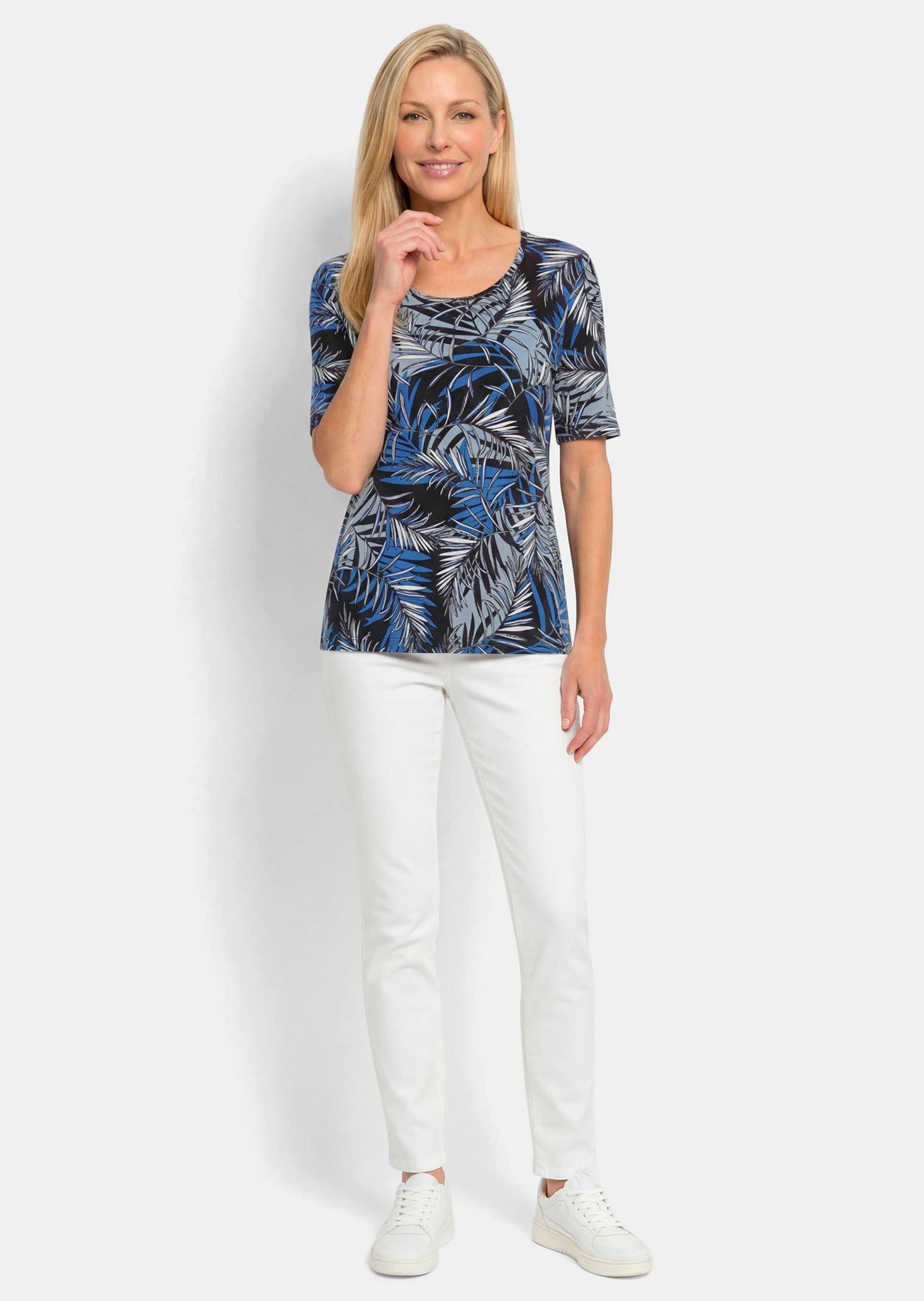 GOLDNER Kurzarmshirt »Viskoseshirt mit Palmenprint« stretchbequemer Viskosejersey