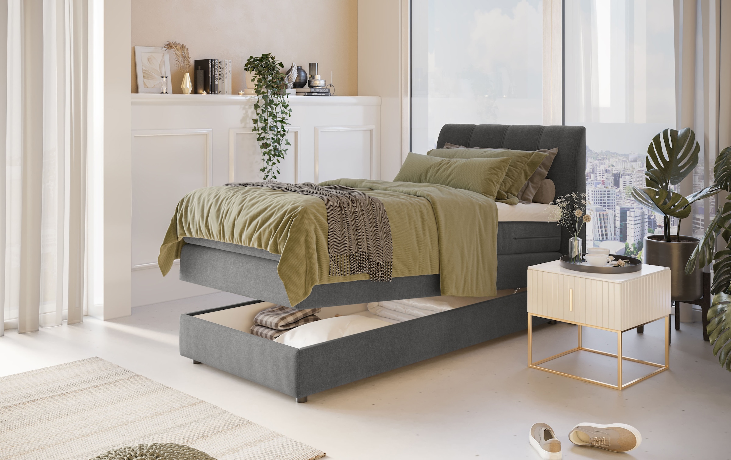 Home affaire Boxspringbett »FINJA mit Bettkasten, inkl. Bonnellfederkern-Matratze H3« besonders komfortable Liegehöhe, mit praktischem Bettkasten