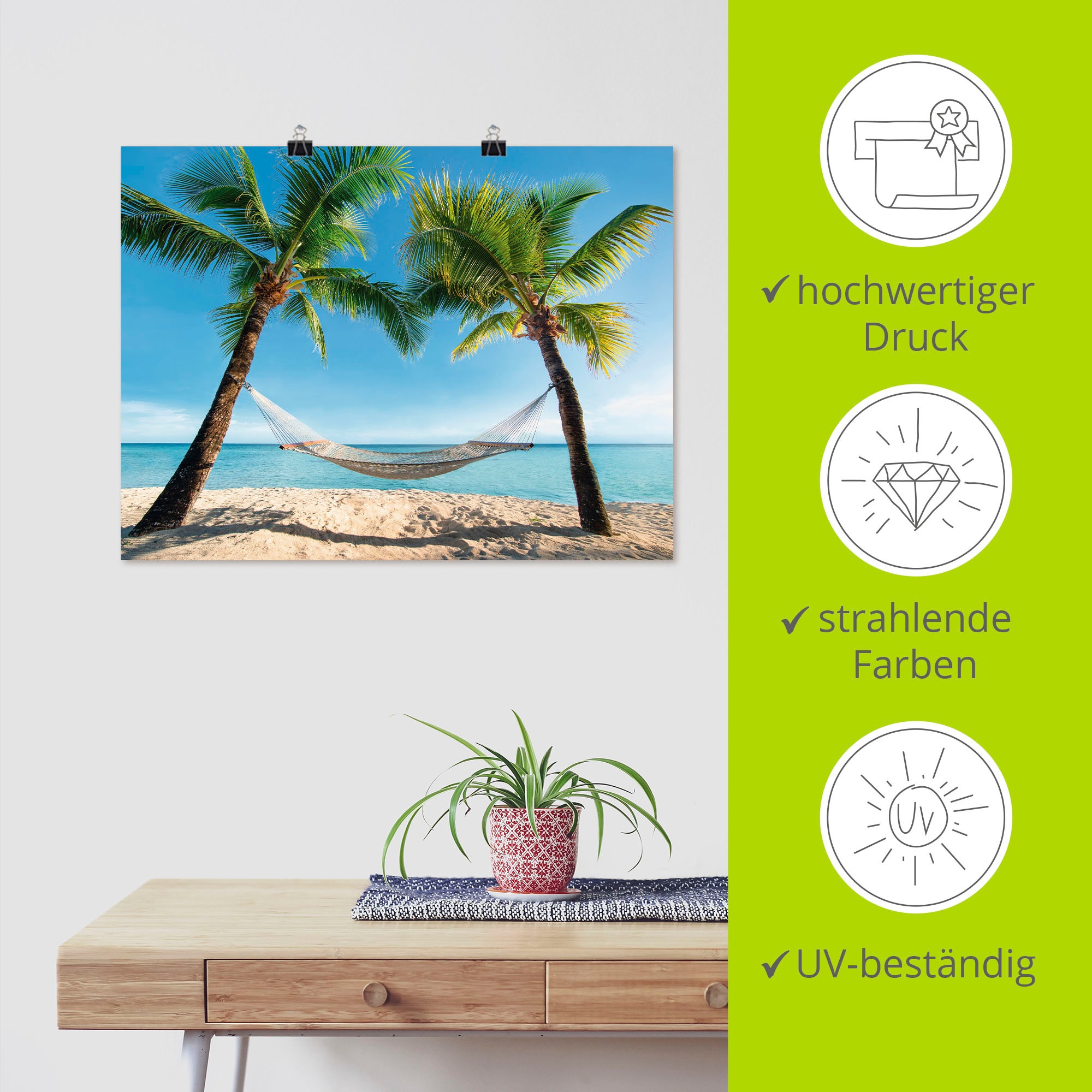 Artland Wandbild »Palmenstrand Karibik mit Hängematte«, Amerika, (1 St.), als Leinwandbild, Poster, Wandaufkleber in verschied. Größen