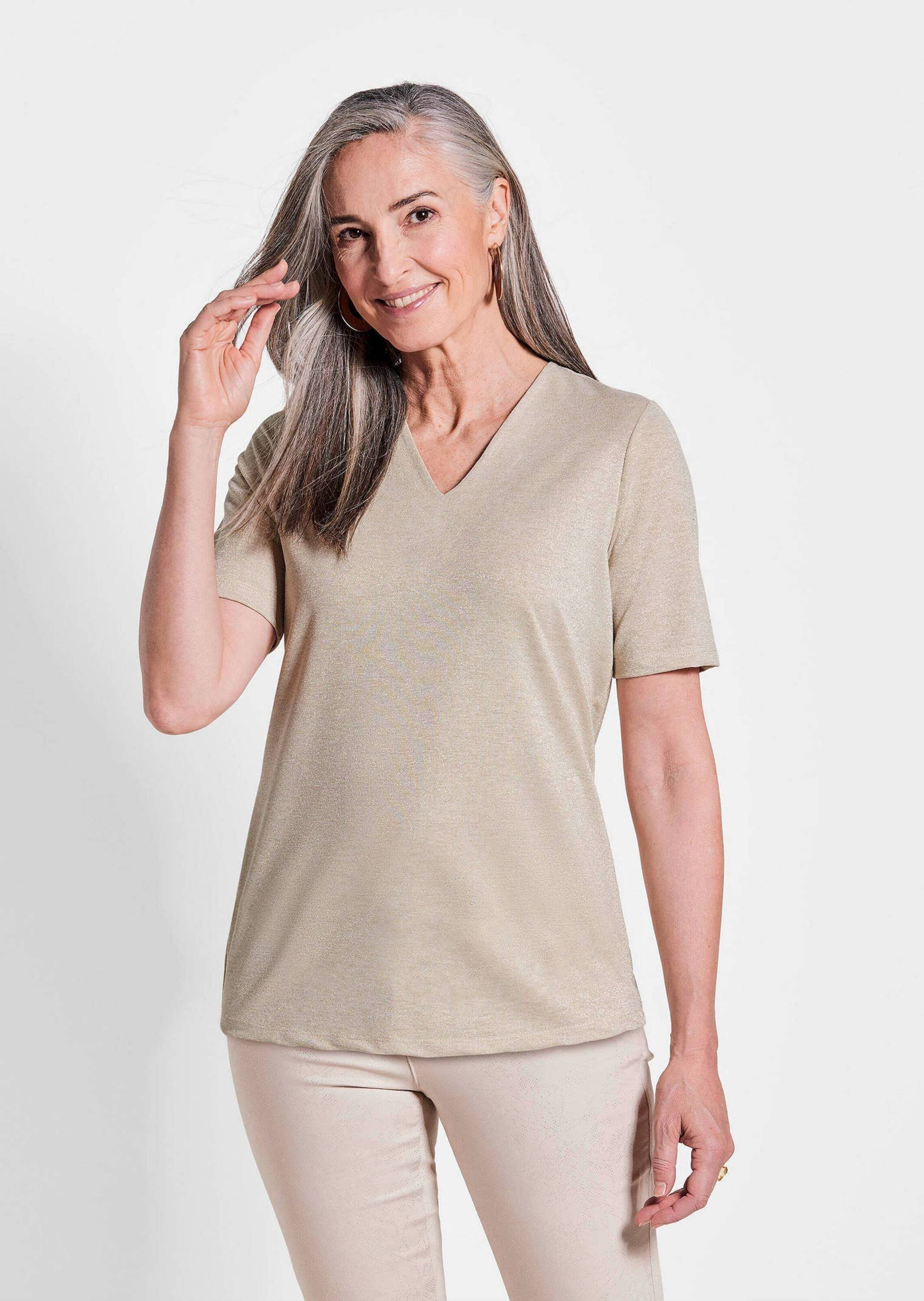 GOLDNER Kurzarmshirt »Braunes Halbarm-Shirt mit Glanzeffekt«