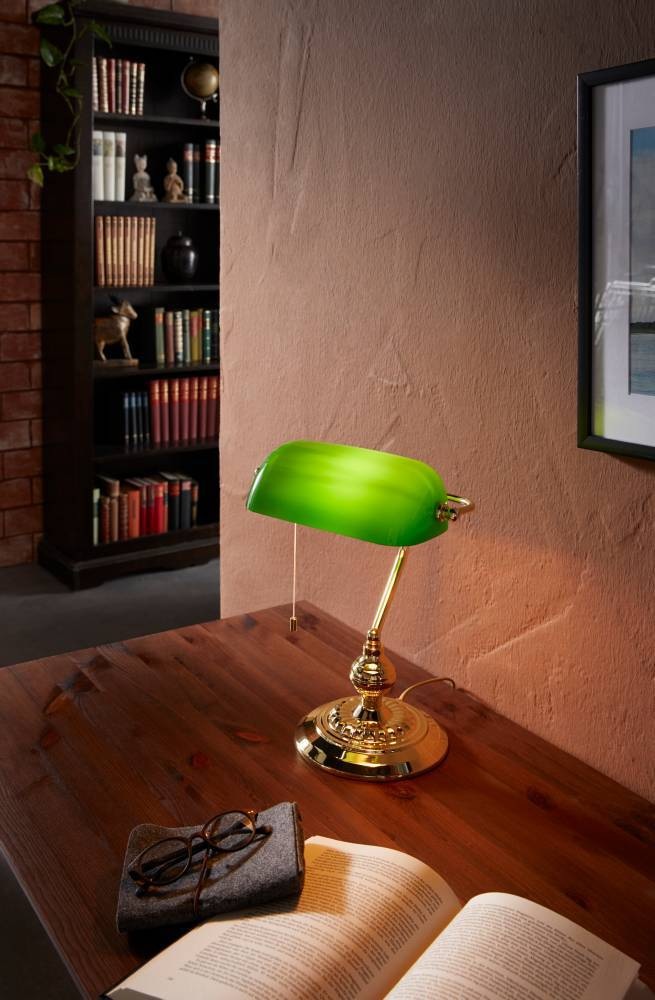 EGLO Tischleuchte »BANKER«, 1 flammig, Leuchtmittel E27 | ohne Leuchtmittel, Lampe für Schreibtisch, in messing und grün, mit Zug-Schalter, E27