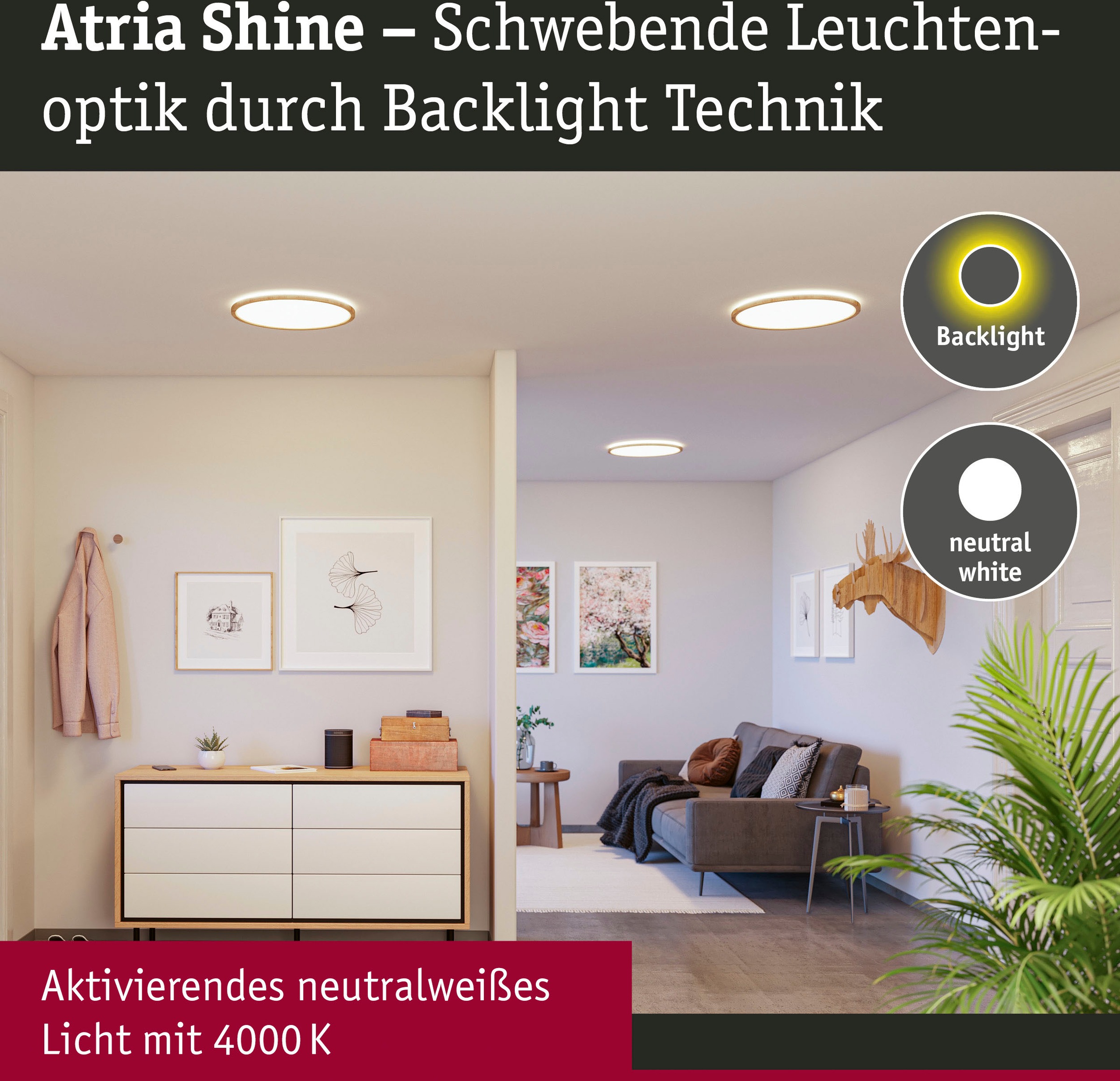 Paulmann LED Panel »Atria Shine 11,2W 4000K 190mm Eiche Kunststoff IP44«, 1 flammig, Hintergrundbeleuchtung
