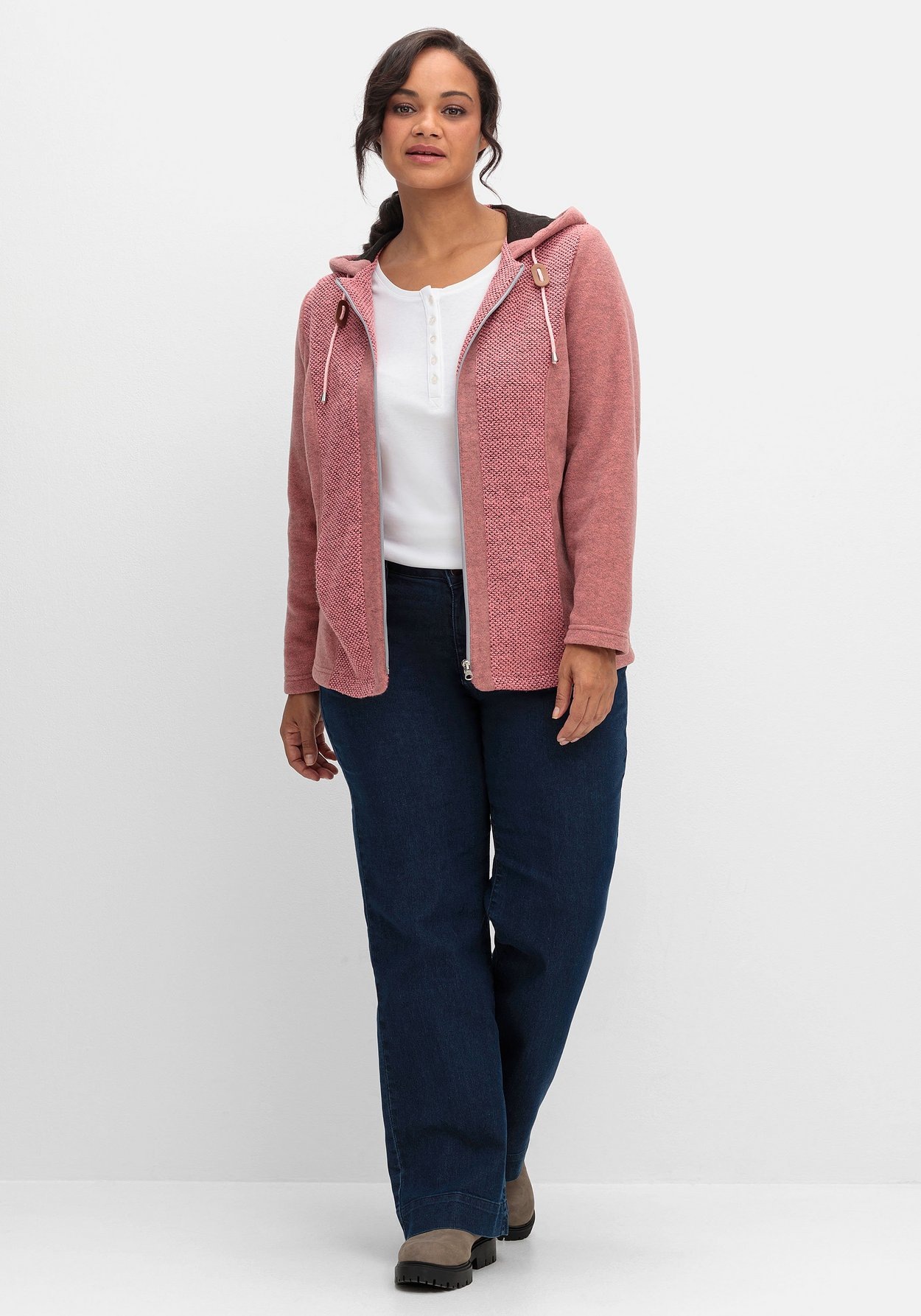 Sheego Fleecejacke »Fleecejacke mit Kapuze und Strick-Einsätzen«