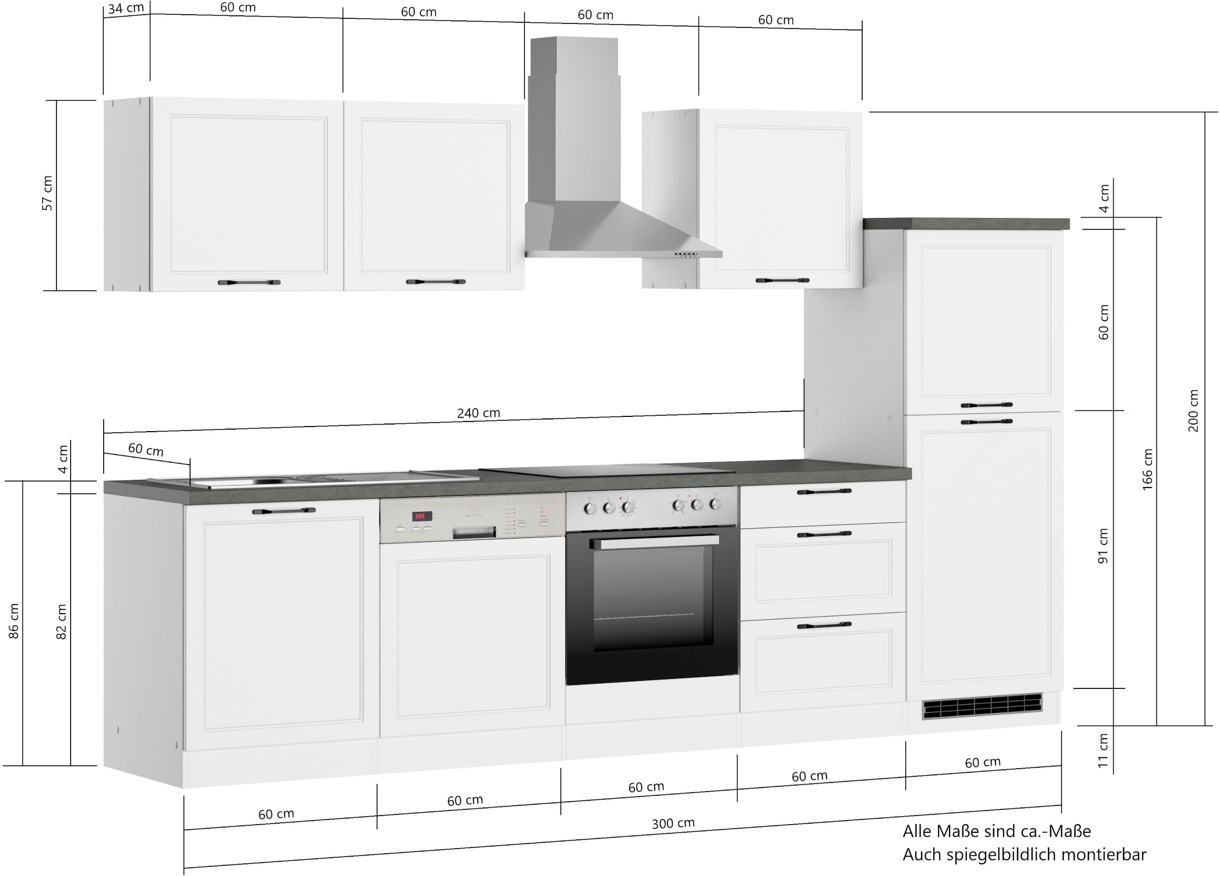 KOCHSTATION Küchenzeile »KS-Lani, mit MDF-Fronten«, Breite 300 cm, wahlweise mit E-Geräten, Höhen-Ausgleichsfüße 0-4 cm