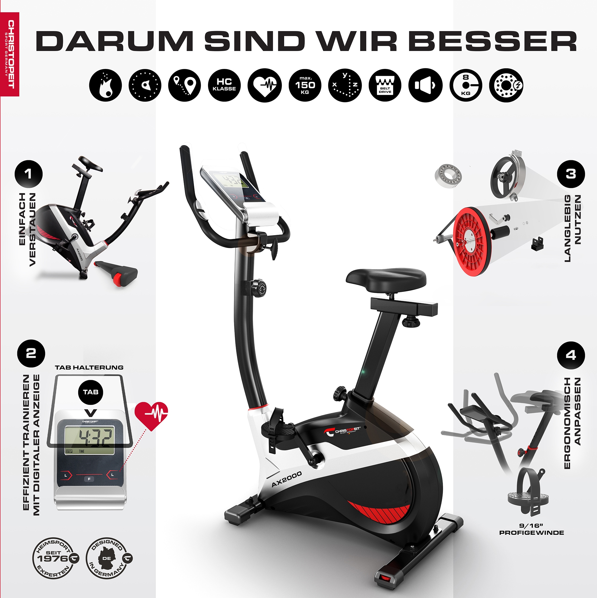 Christopeit Sport® Heimtrainer »AX 2000«, (mit Tablet-Halterung), Schwungmasse ca. 8 kg
