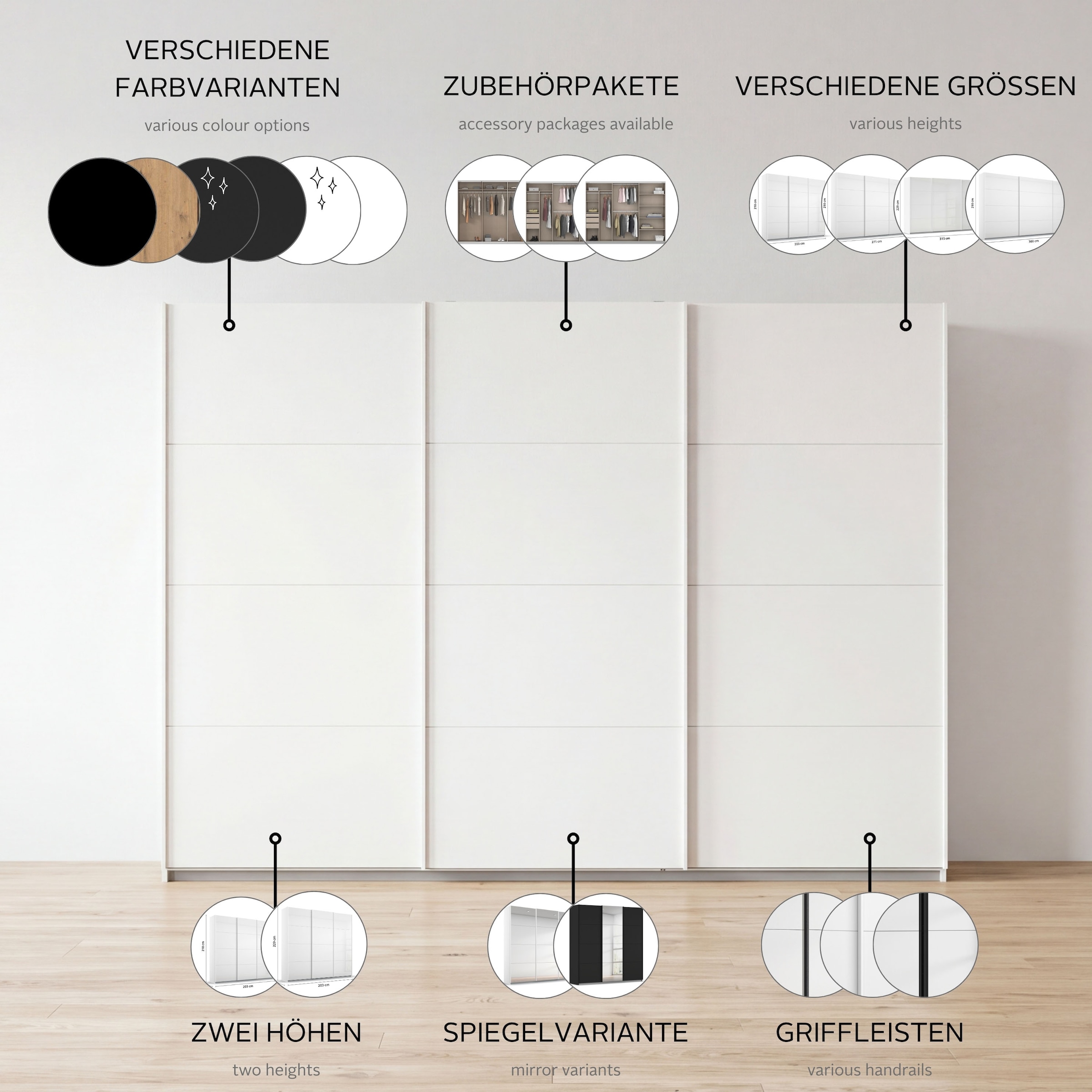 rauch Schwebetürenschrank »Kleiderschrank Schrank Garderobe Ankleide TOPSELLER OTELI« 3 Ausstattungen BASIC/CLASSIC/PREMIUM (inkl. SOFT-CLOSE-FUNKTION),  Breiten 203/271/315/360 cm Höhen 210/229 cm MADE IN GERMANY
